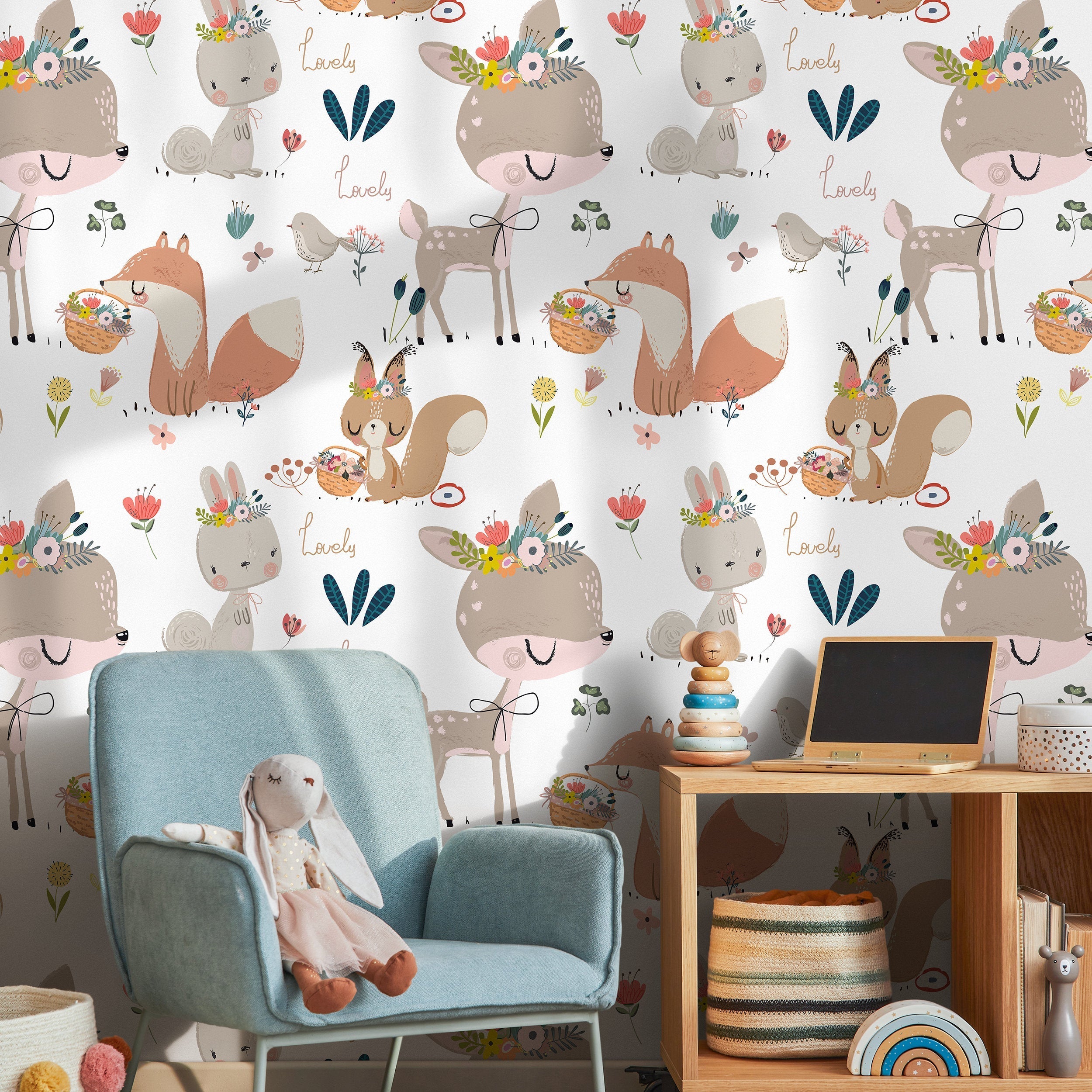 Animal Wallpaper With Floral Woodland Creatures In Brown, Pink, And Teal - B547