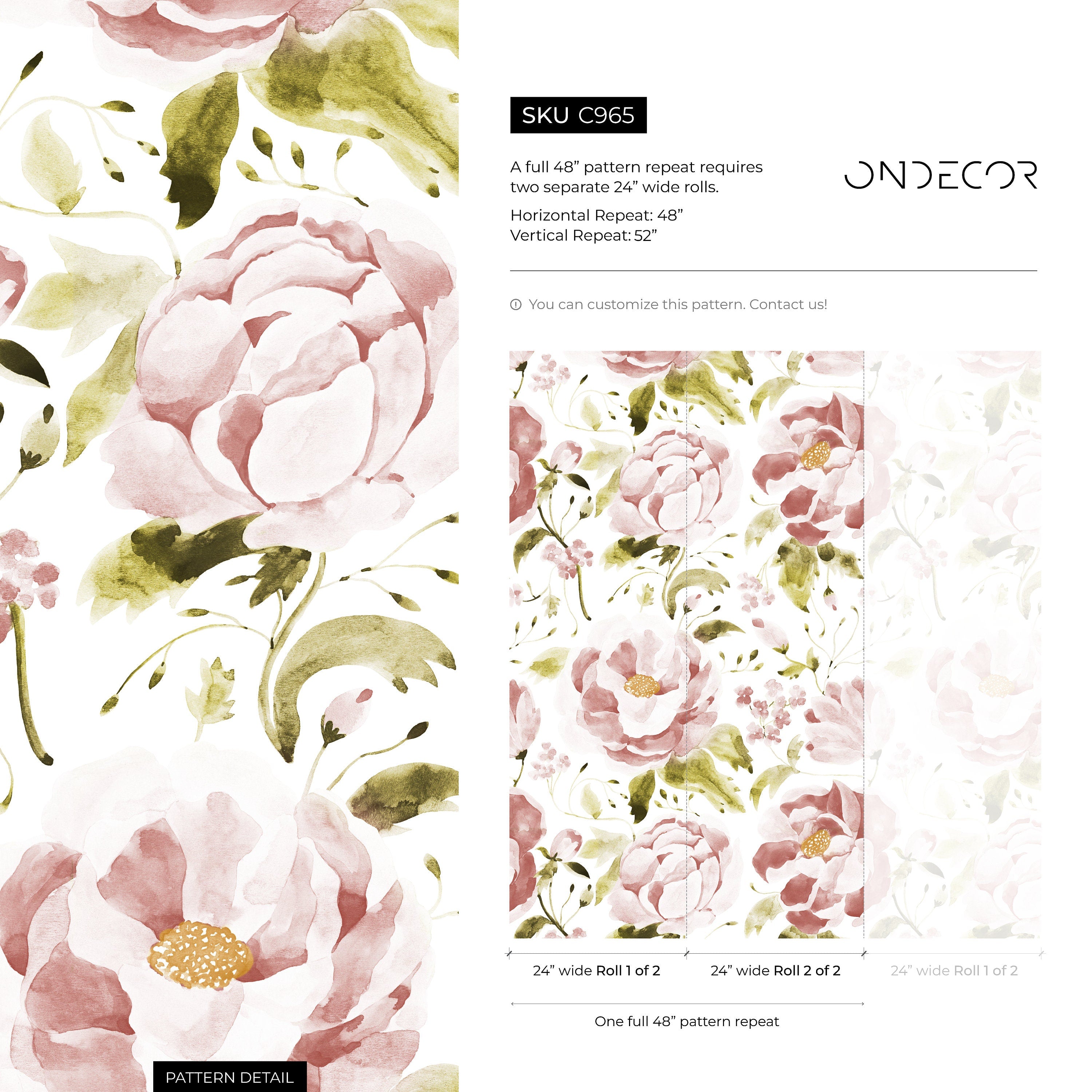 Floral Wallpaper With A Watercolor Peony Motif In Pink And Green - C965