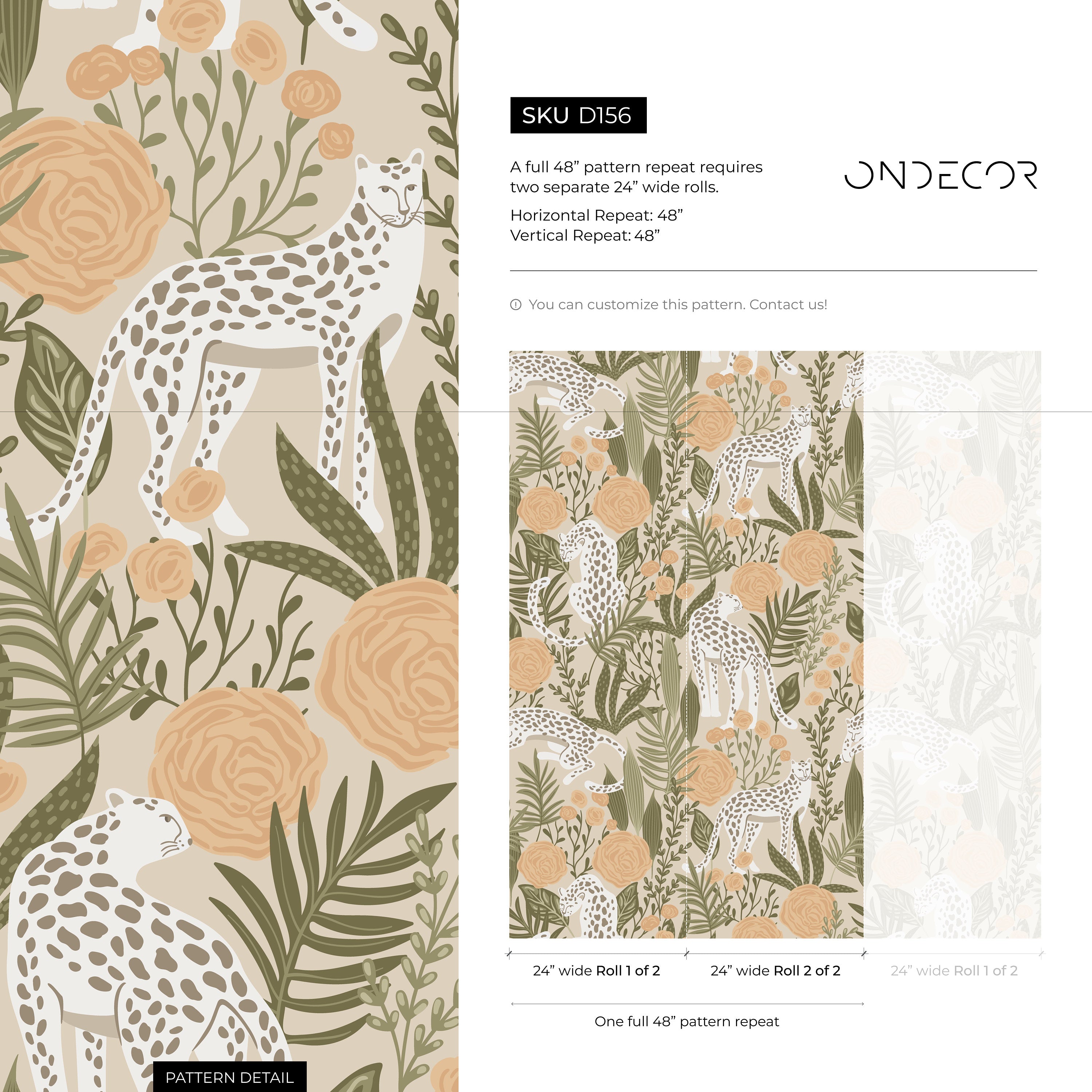Boho Wallpaper With Leopards And Flowers In Green And Peach - D156