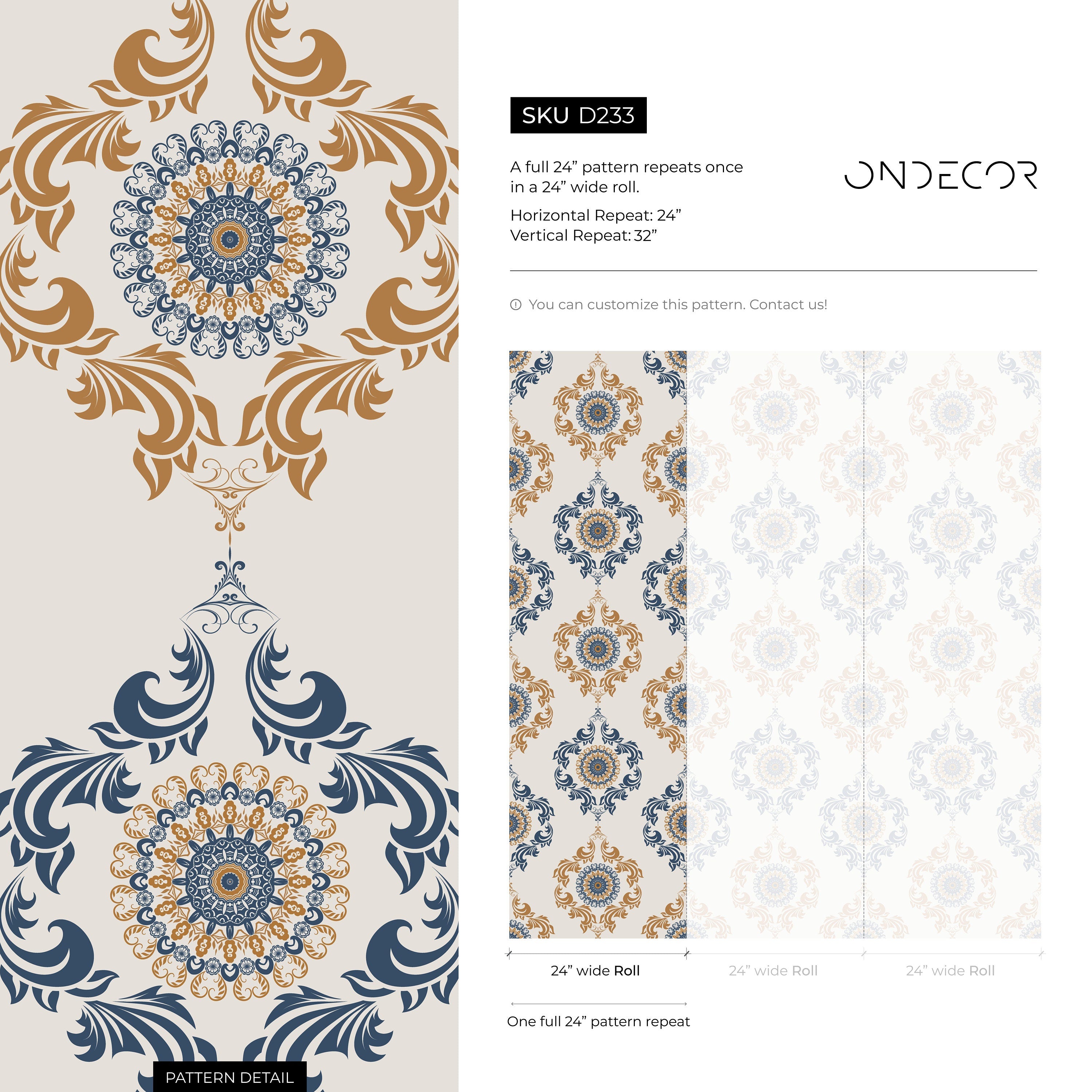 Ornamental Wallpaper With An Intricate Medallion Motif In Blue And Gold - D233