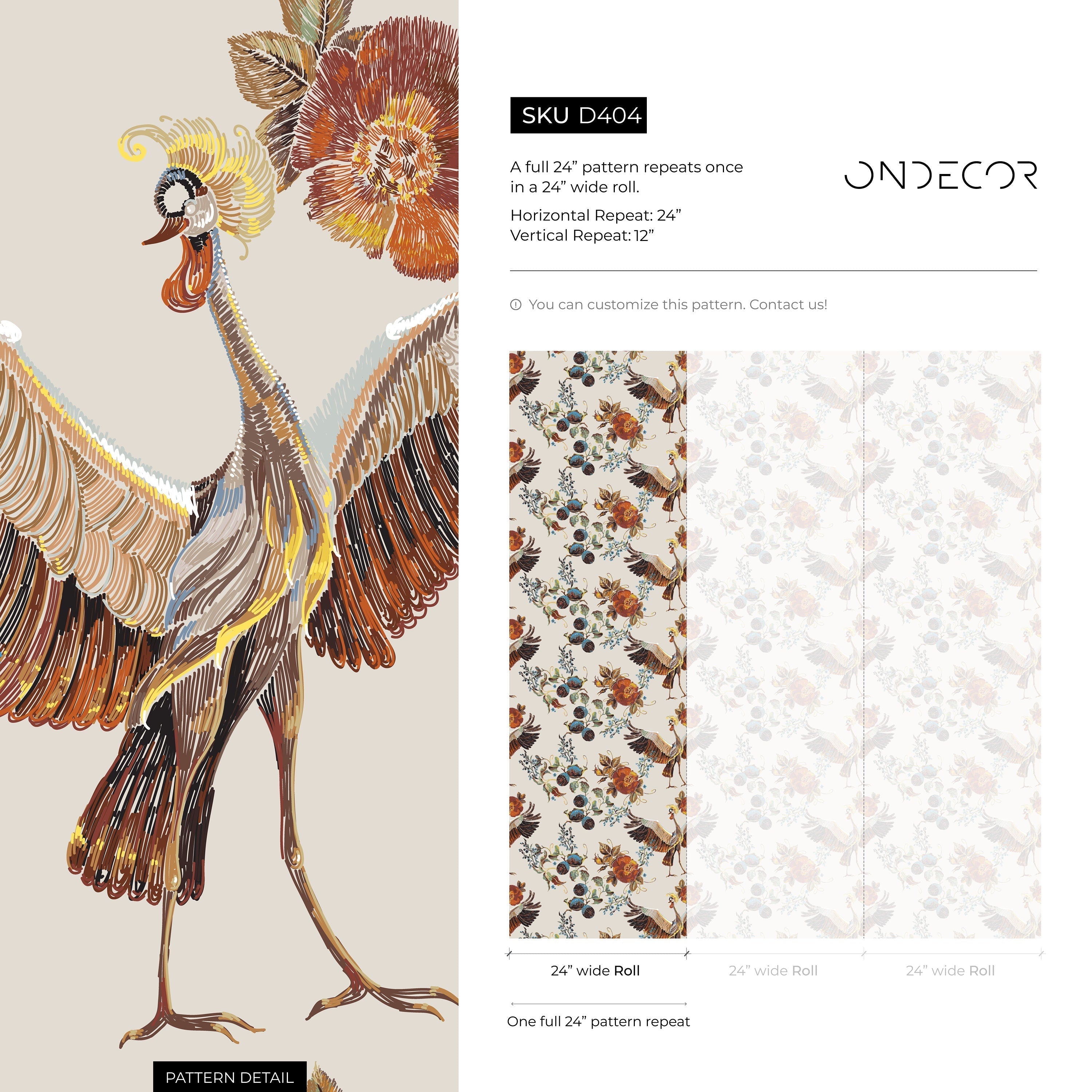 Vintage Floral And Bird Wallpaper With An Embroidered Motif In Orange And Blue - D404