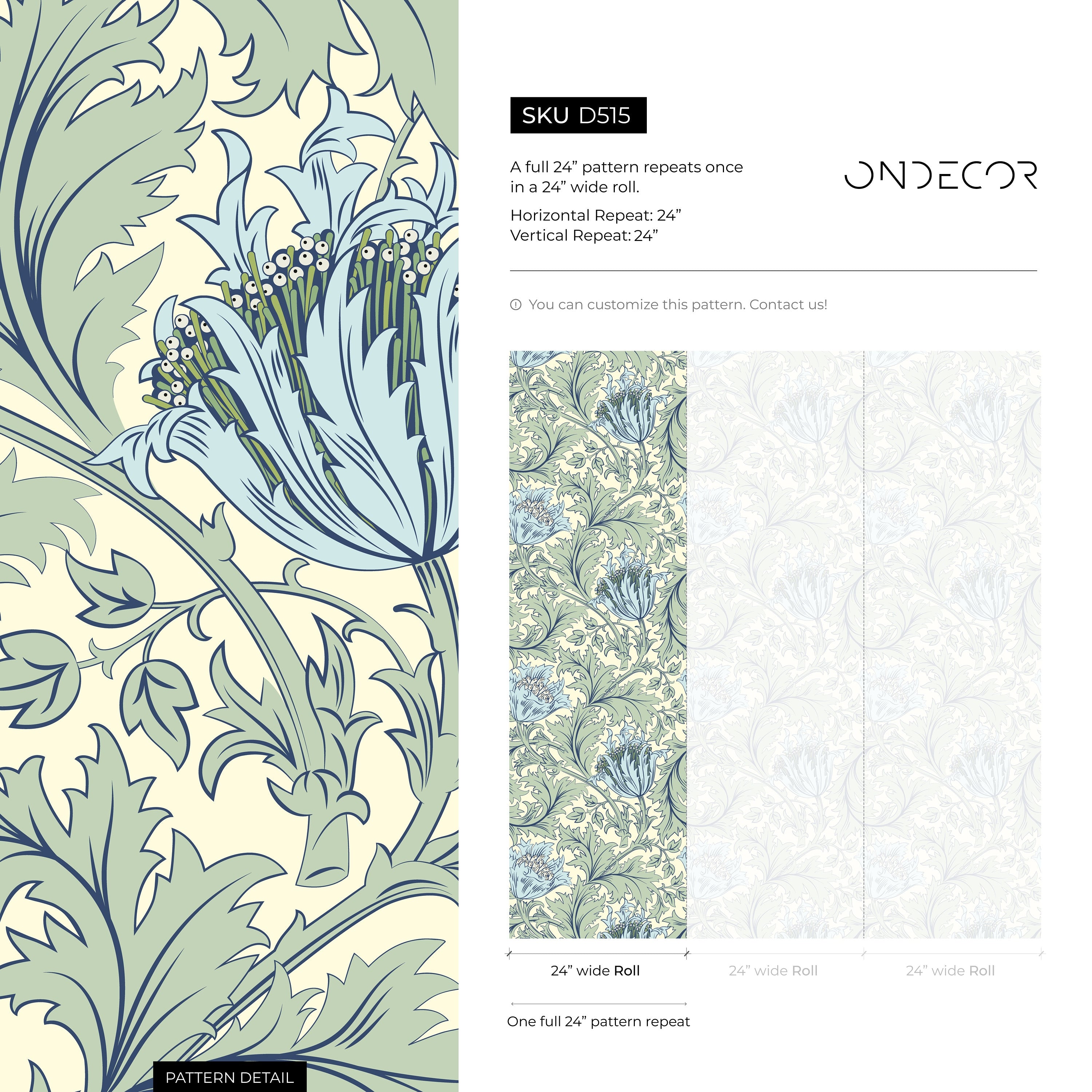 William Morris Wallpaper With Stylized Florals In Green And Blue - D515
