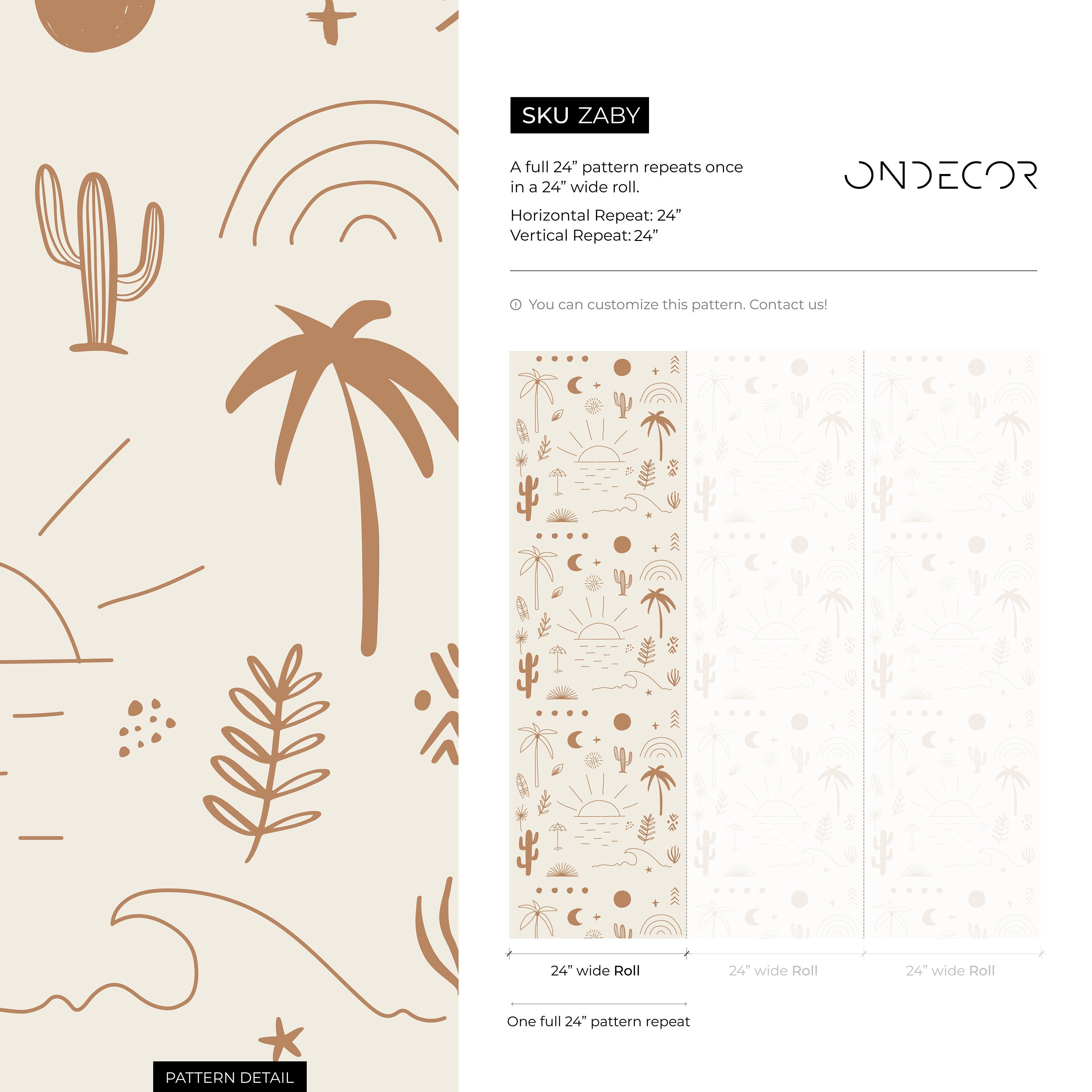 Boho Wallpaper With Desert Sun And Palm Tree Doodles In Terracotta And Beige - Zaby