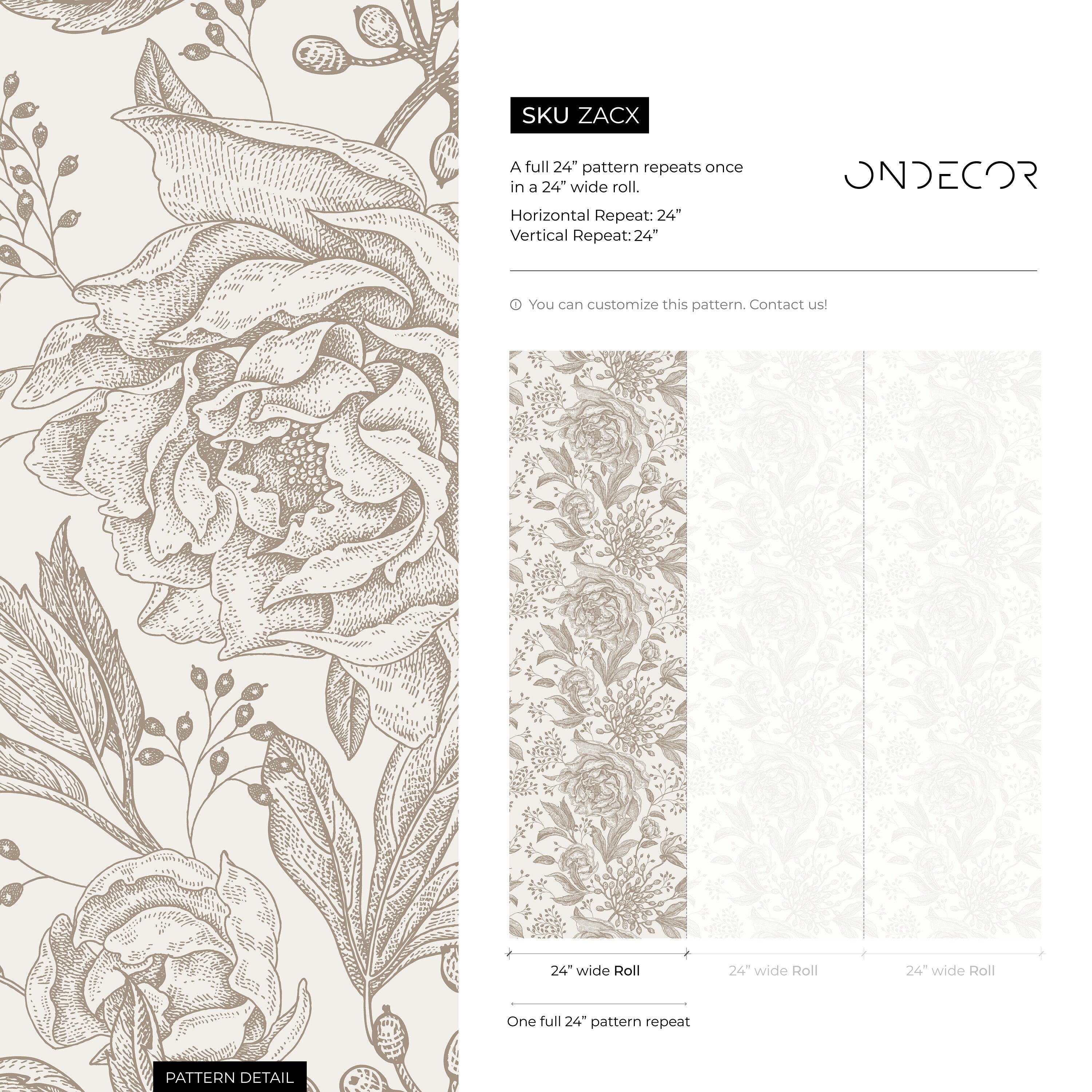 Floral Wallpaper Featuring Vintage Peonies In Taupe And Beige - Zacx