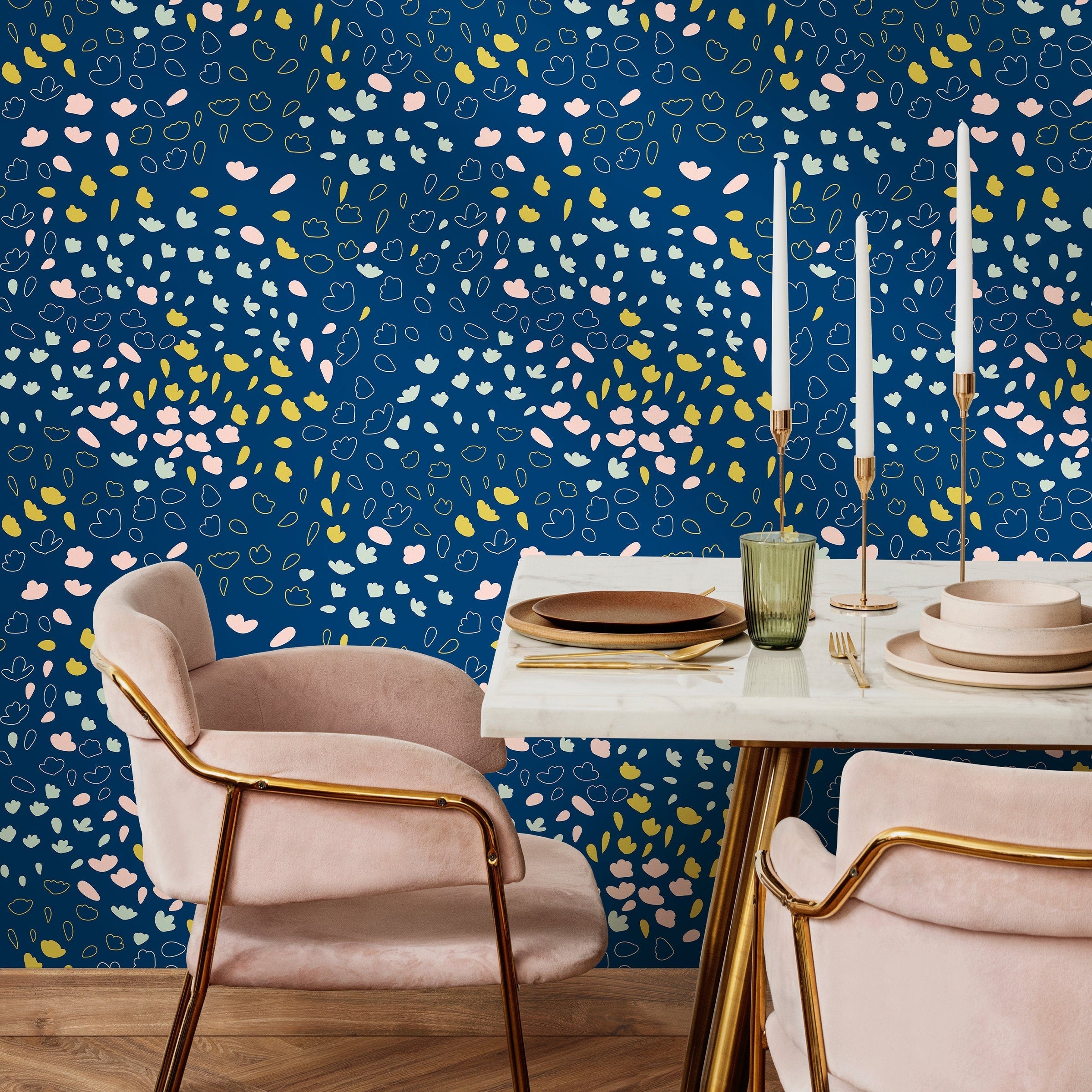 Abstract Wallpaper With Hand-drawn Florals In Blue, Yellow, And Pink - B422