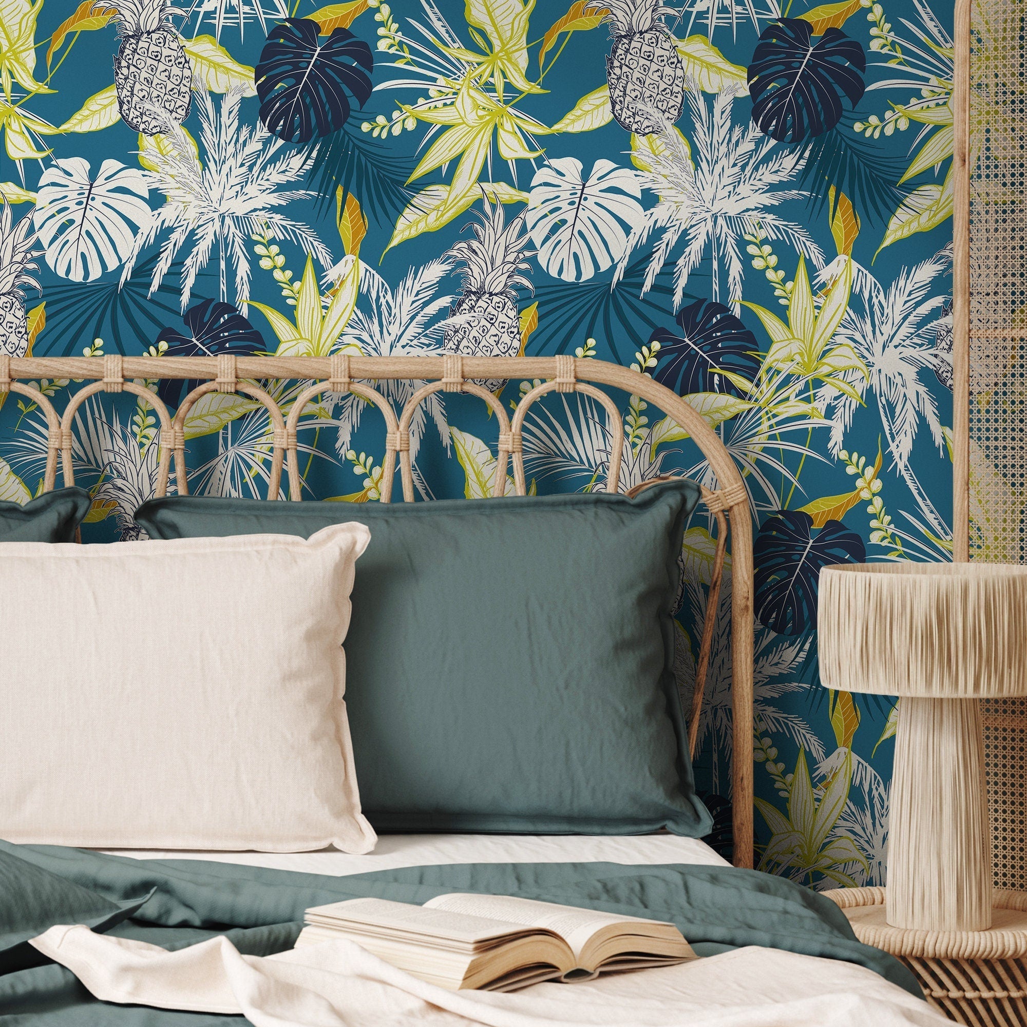 Tropical Wallpaper With Pineapples And Palm Leaves In Teal, Green, And White - B427