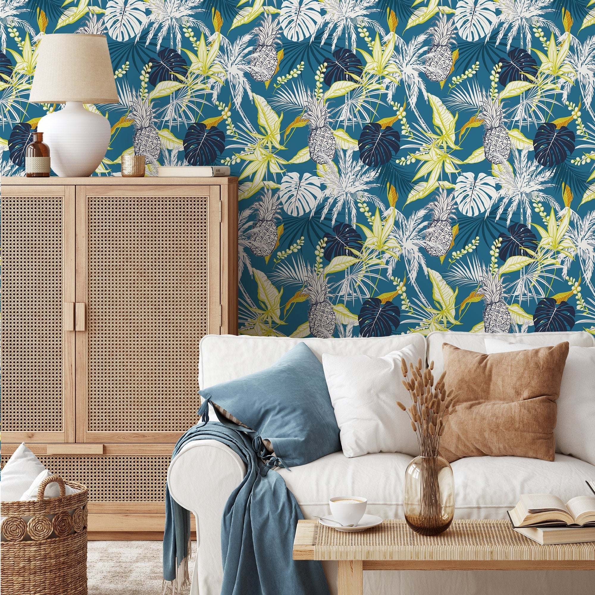 Tropical Wallpaper With Pineapples And Palm Leaves In Teal, Green, And White - B427
