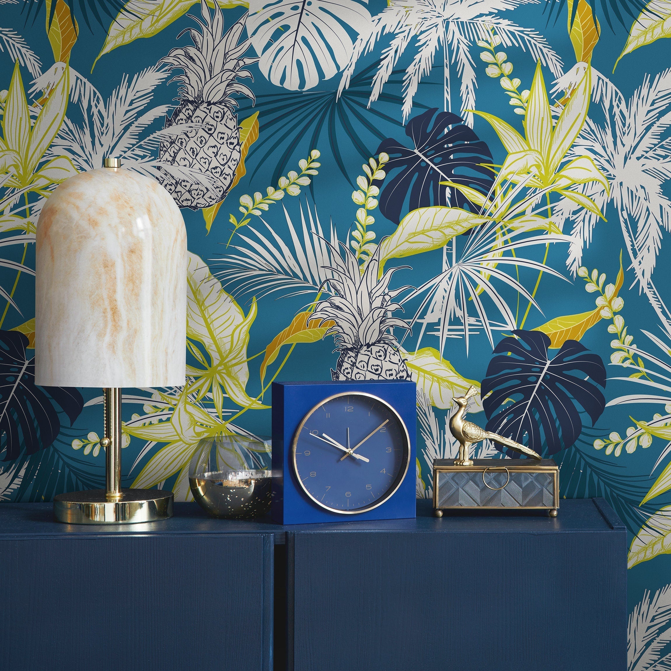 Tropical Wallpaper With Pineapples And Palm Leaves In Teal, Green, And White - B427