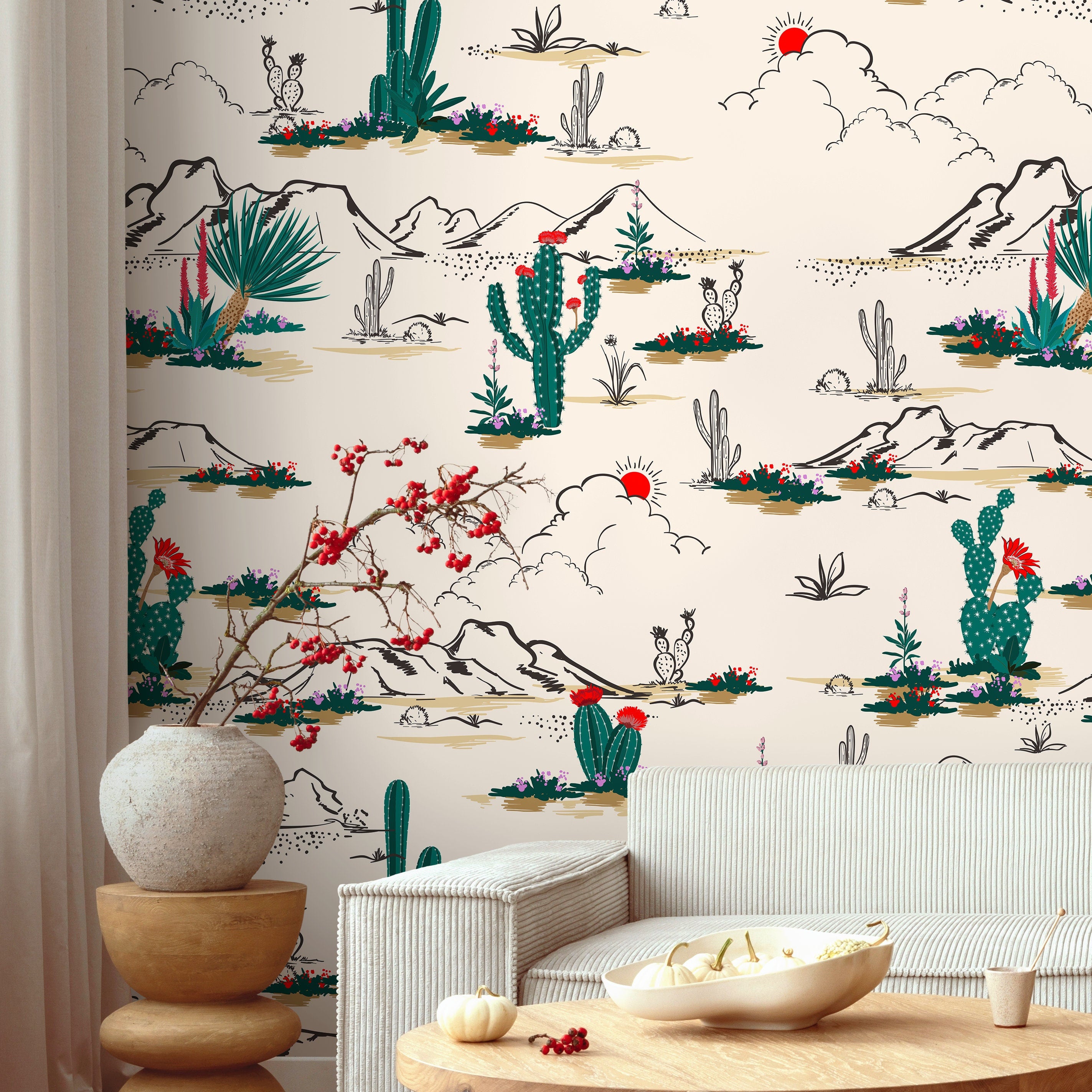 Desert Wallpaper With An Illustrated Cactus Scene In Green, Red, And Black - B428