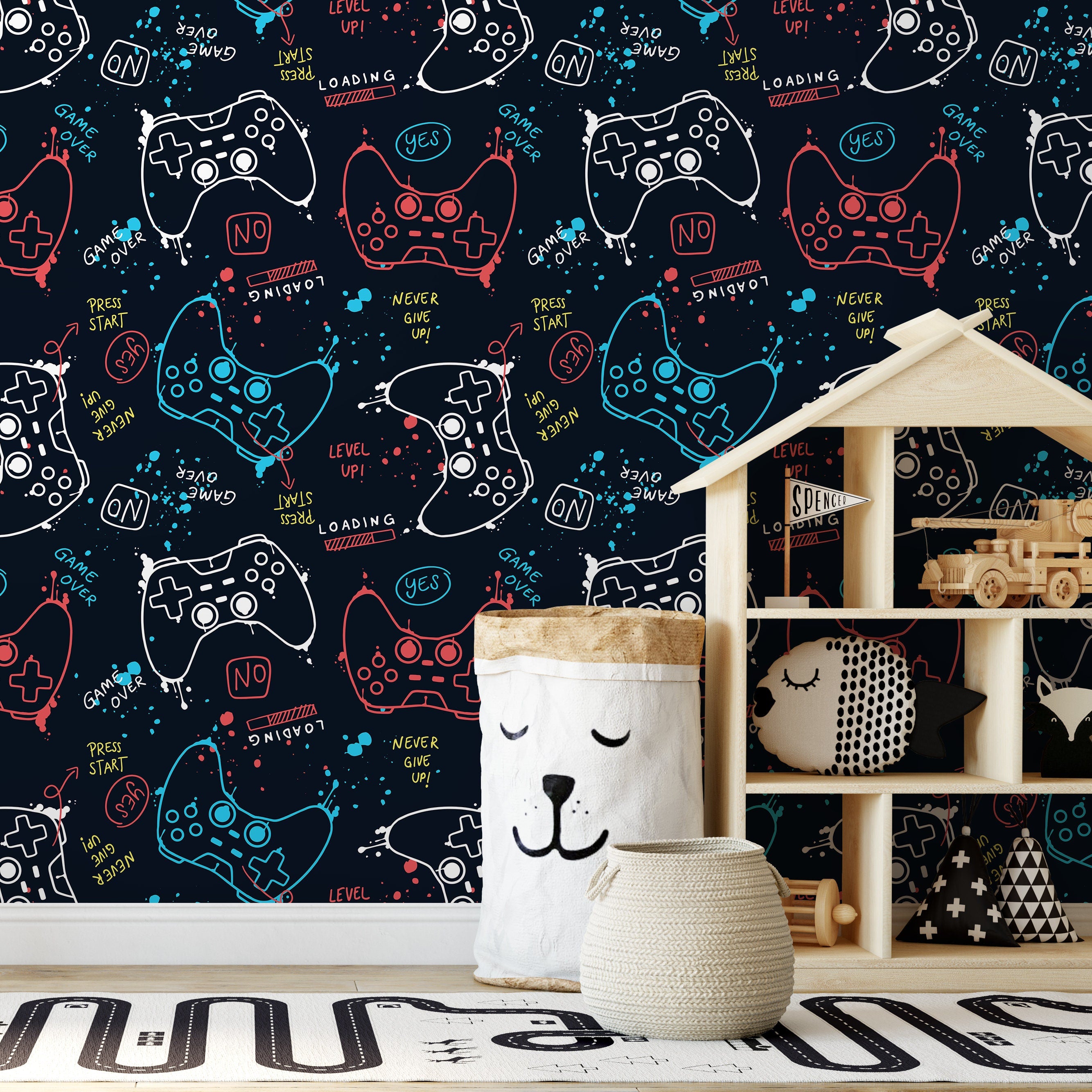 Gamer Wallpaper With A Sketchy Game Controller Motif In Blue, Red, And White - B508