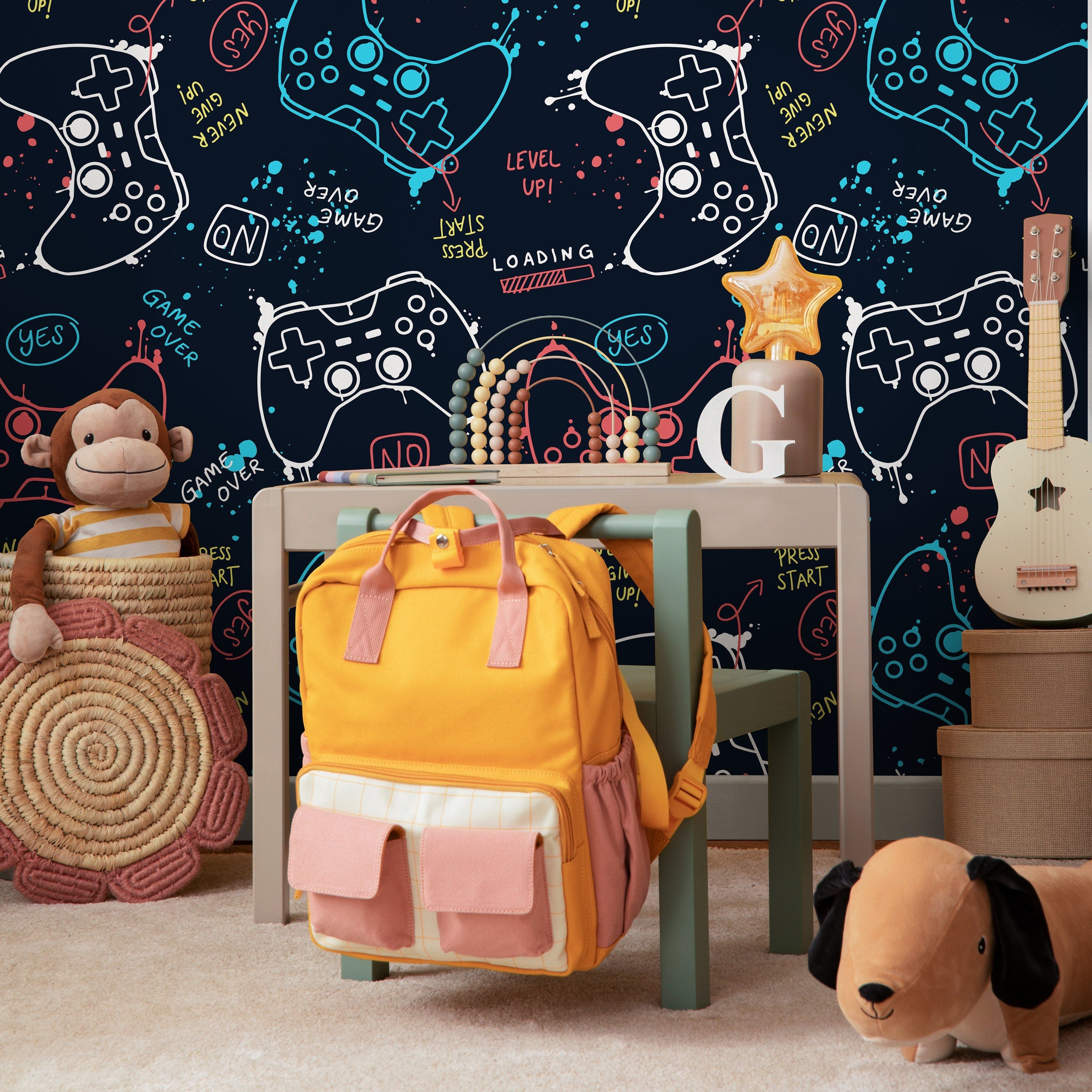 Gamer Wallpaper With A Sketchy Game Controller Motif In Blue, Red, And White - B508