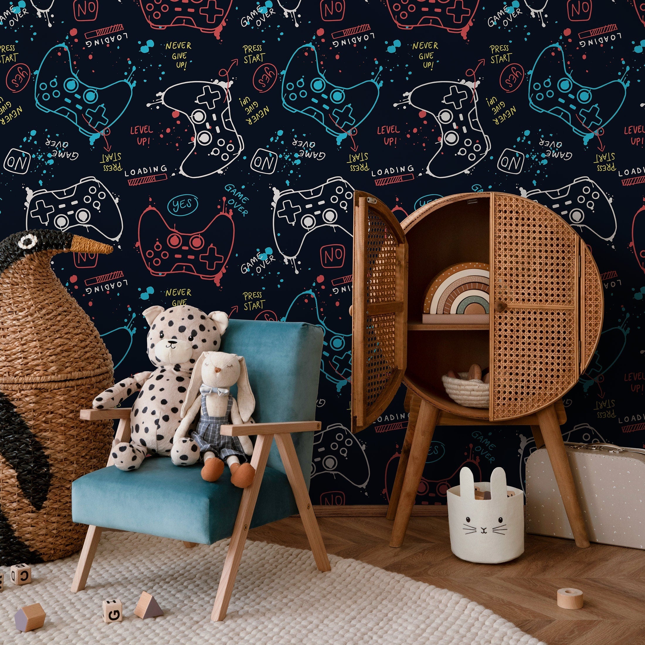 Gamer Wallpaper With A Sketchy Game Controller Motif In Blue, Red, And White - B508