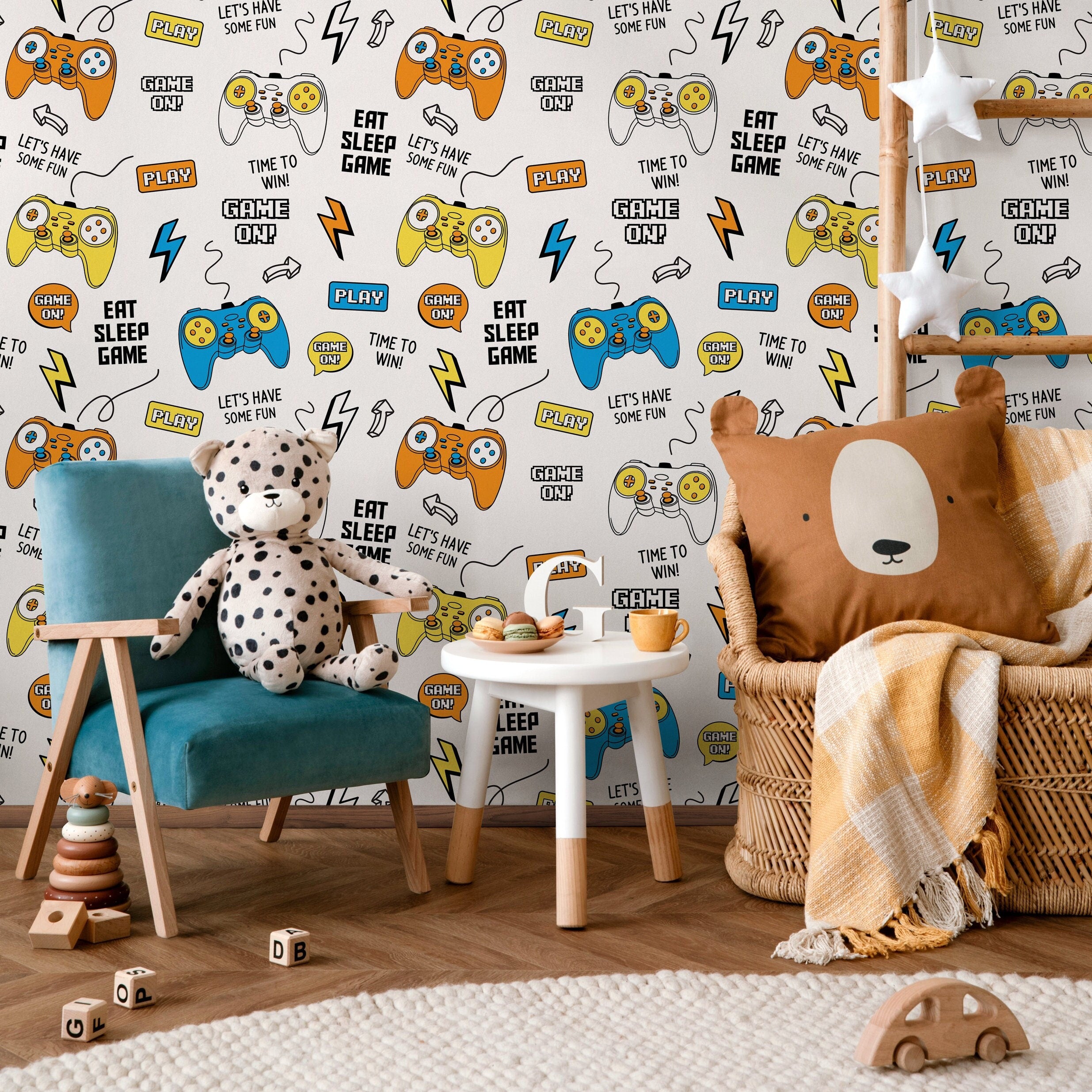 Gamer Wallpaper With Video Game Controllers In Blue, Yellow, And Orange - B534