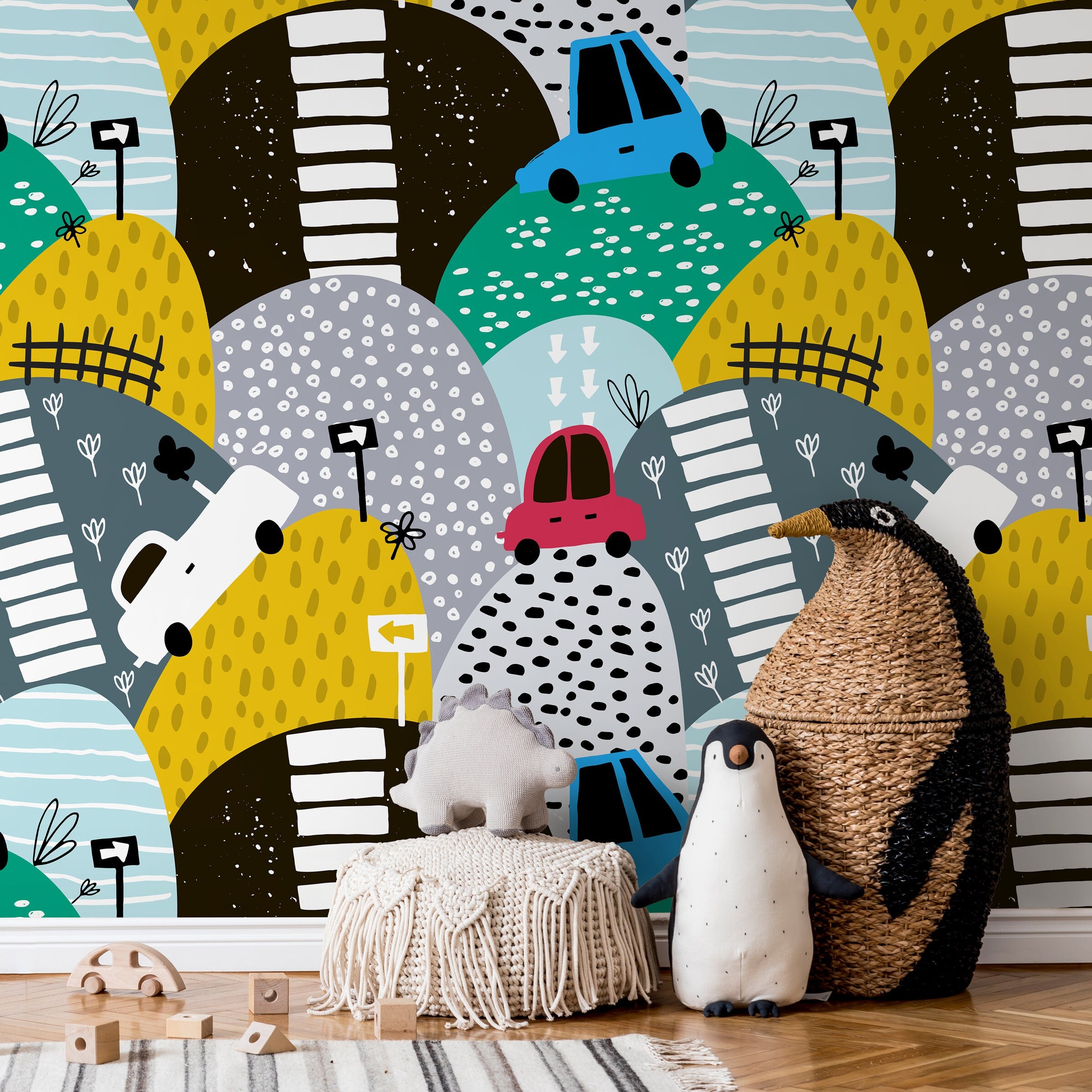 Nursery Wallpaper With Doodled Hills And Cars In Yellow, Blue, And Red - B551
