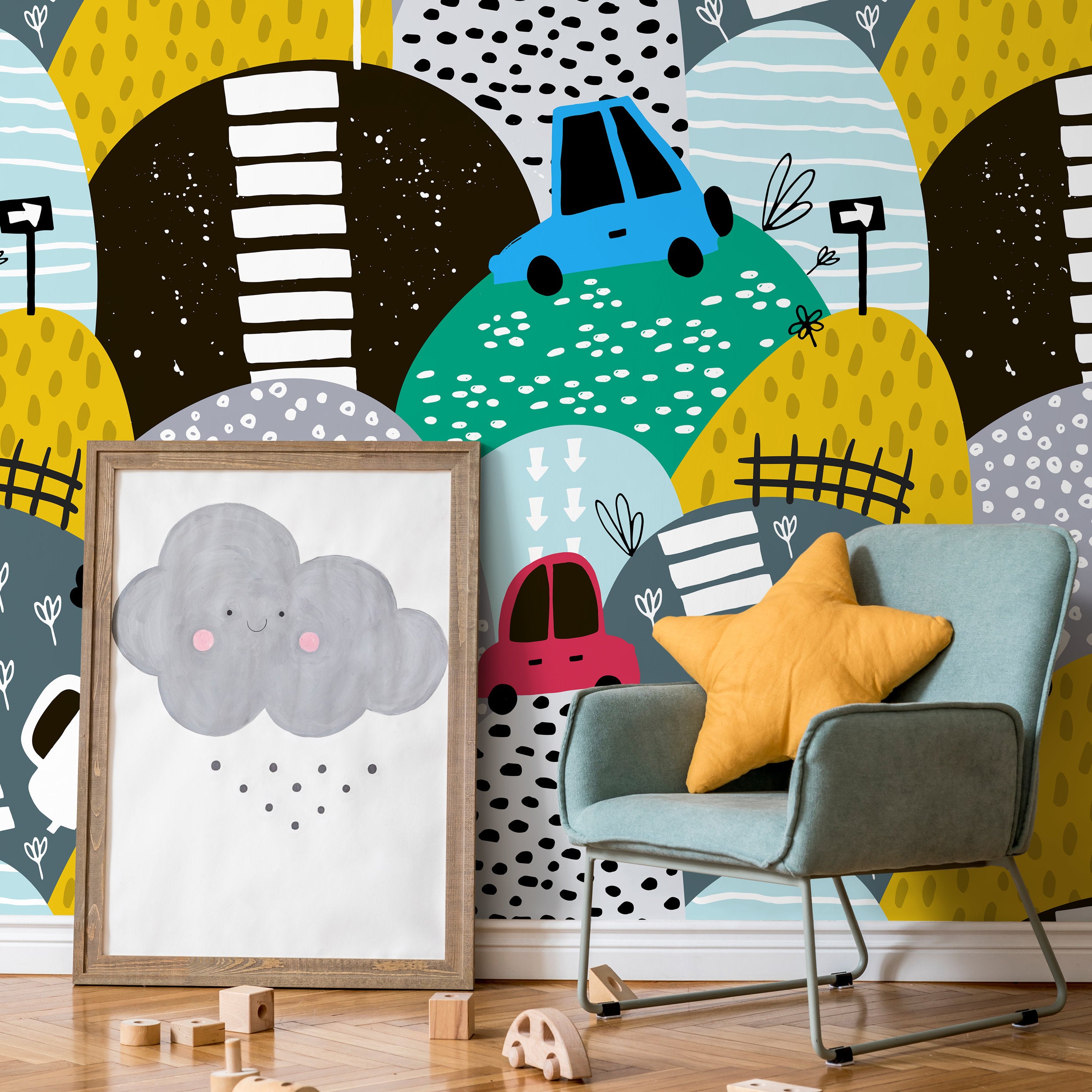Nursery Wallpaper With Doodled Hills And Cars In Yellow, Blue, And Red - B551