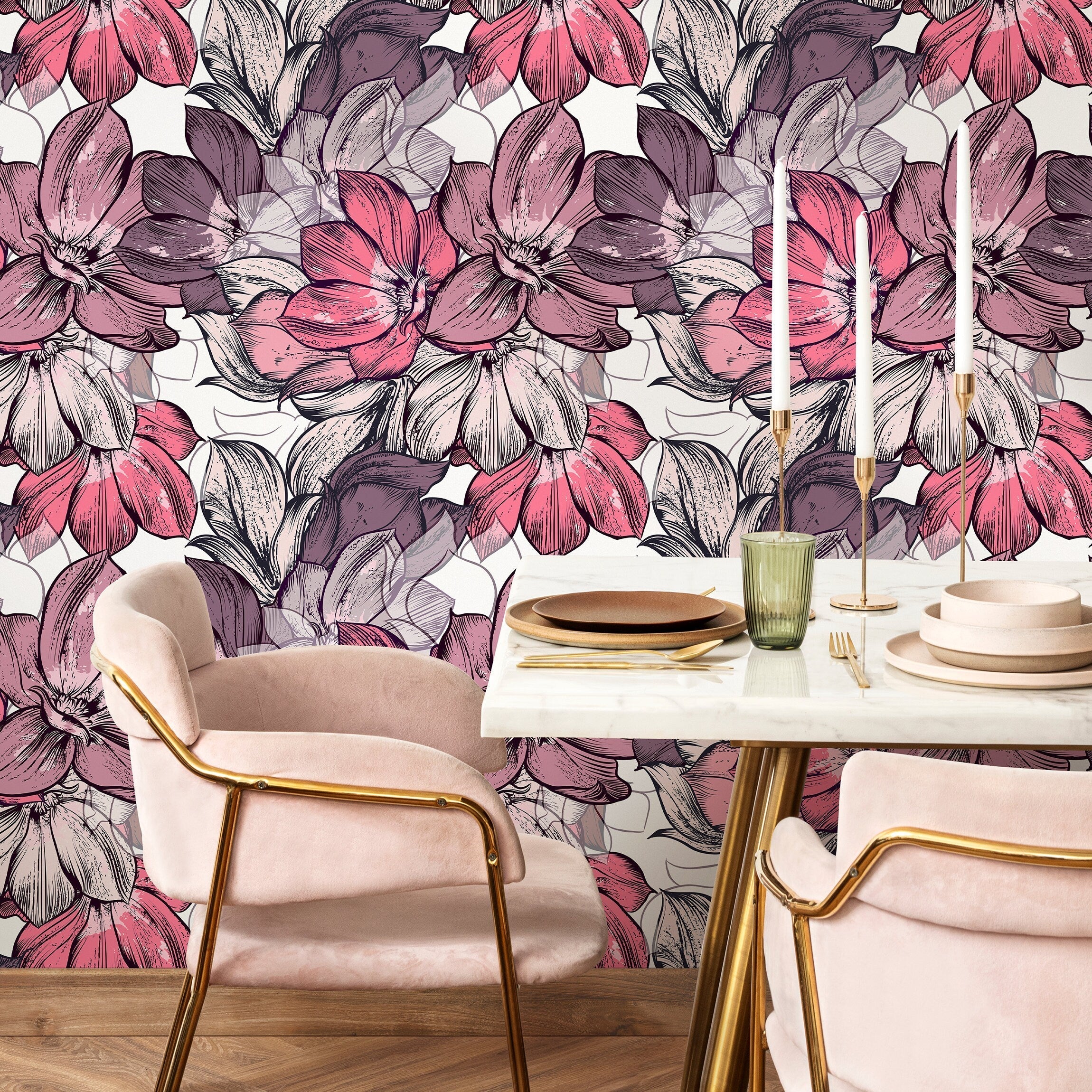 Floral Wallpaper With A Large-scale Sketched Motif In Pink And Purple - B556