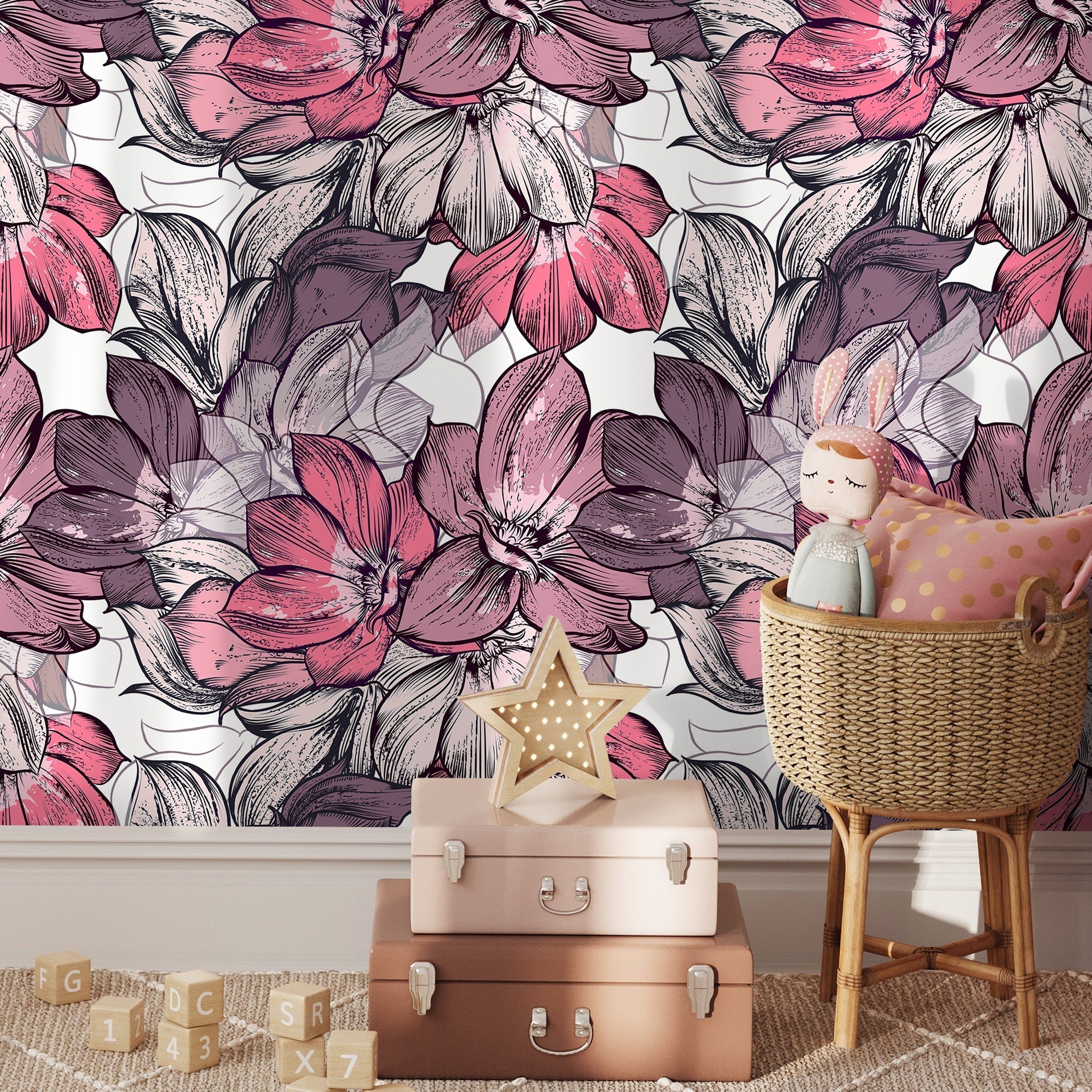 Floral Wallpaper With A Large-scale Sketched Motif In Pink And Purple - B556