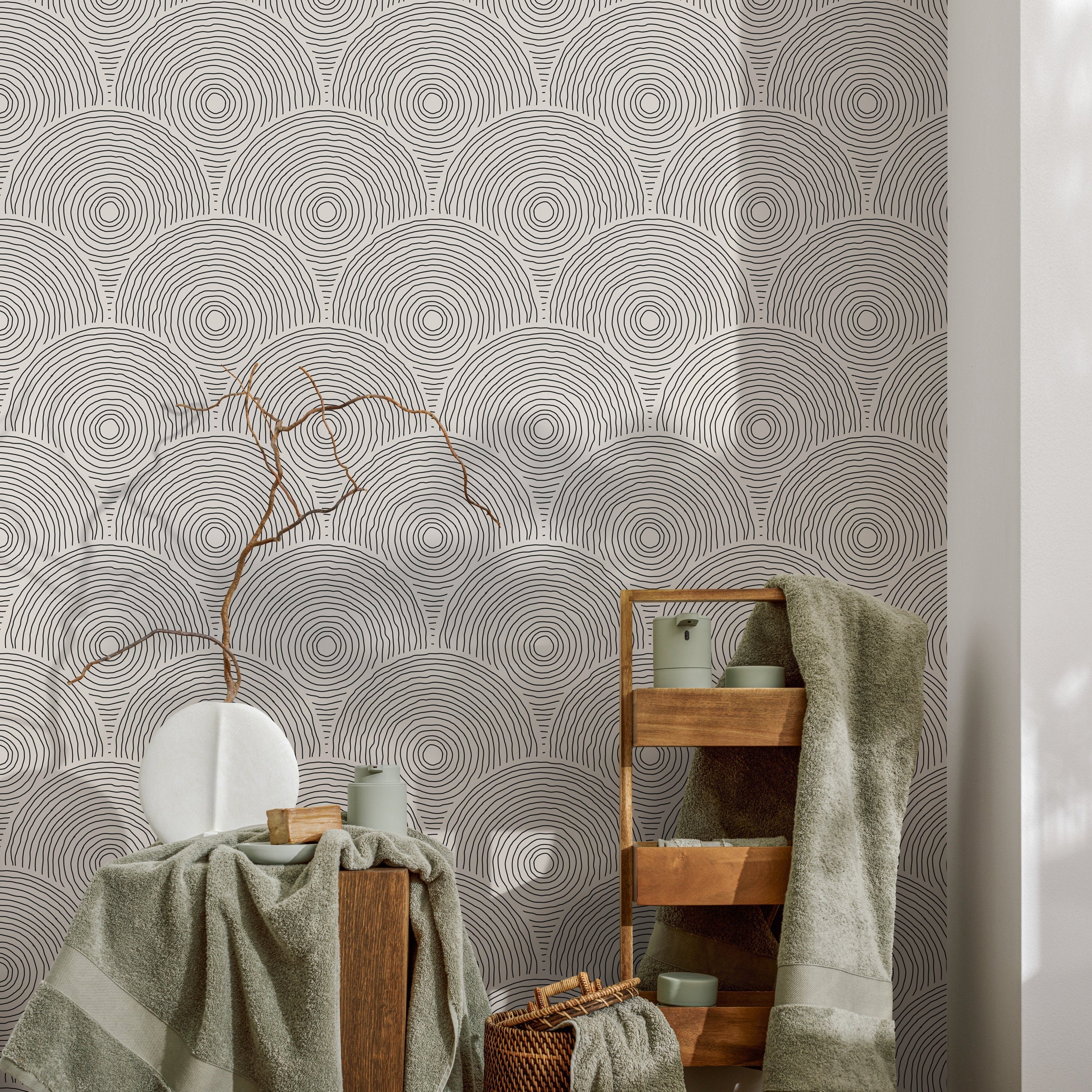 Abstract Wallpaper With Hand-drawn Concentric Arches In Black And Light Beige - B628
