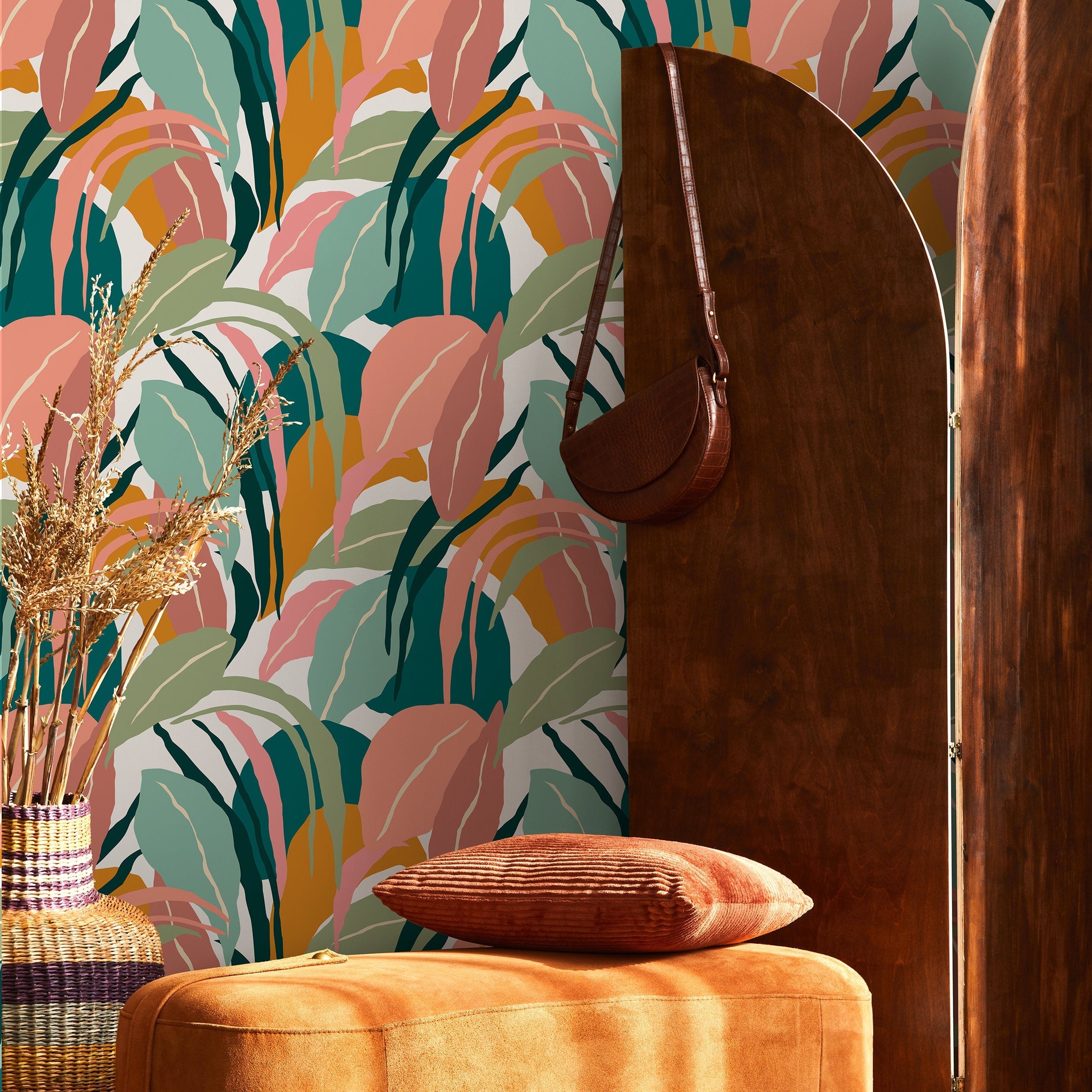 Botanical Wallpaper Featuring Abstract Tropical Leaves In Teal, Pink, And Yellow - B635