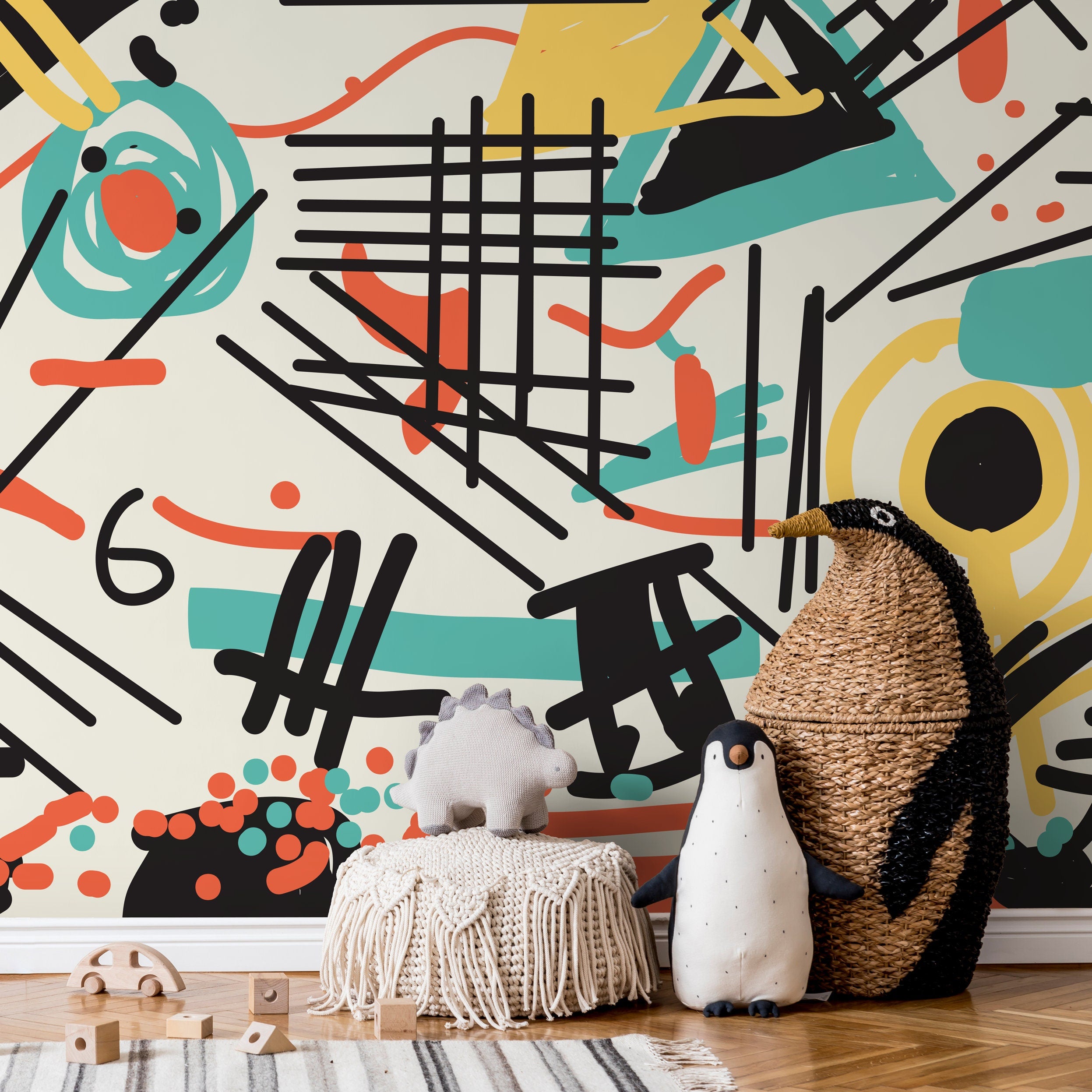 Abstract Wallpaper With Graphic Lines And Shapes In Black, Teal, And Yellow - B706