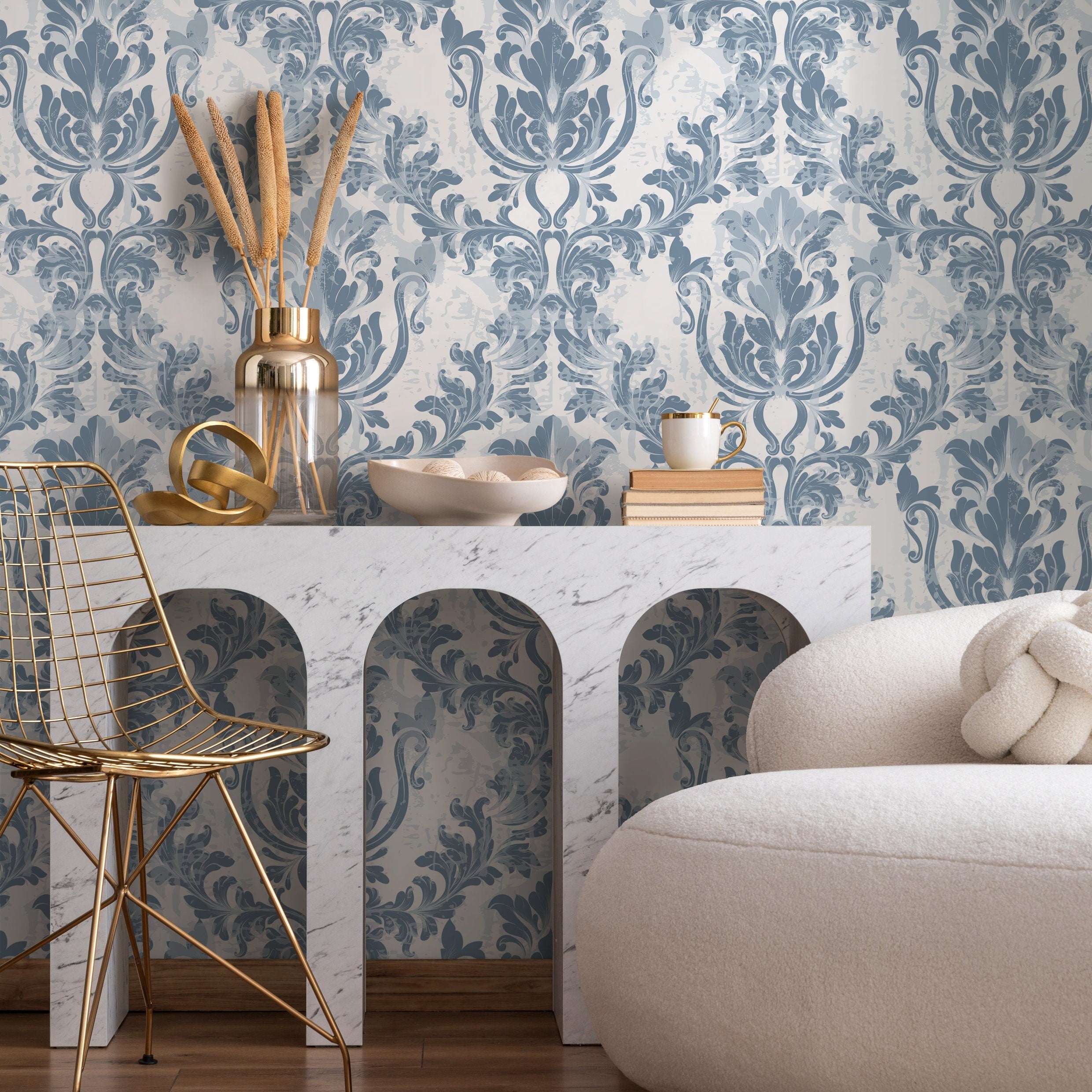 Damask Wallpaper With A Distressed Motif In Blue - B781