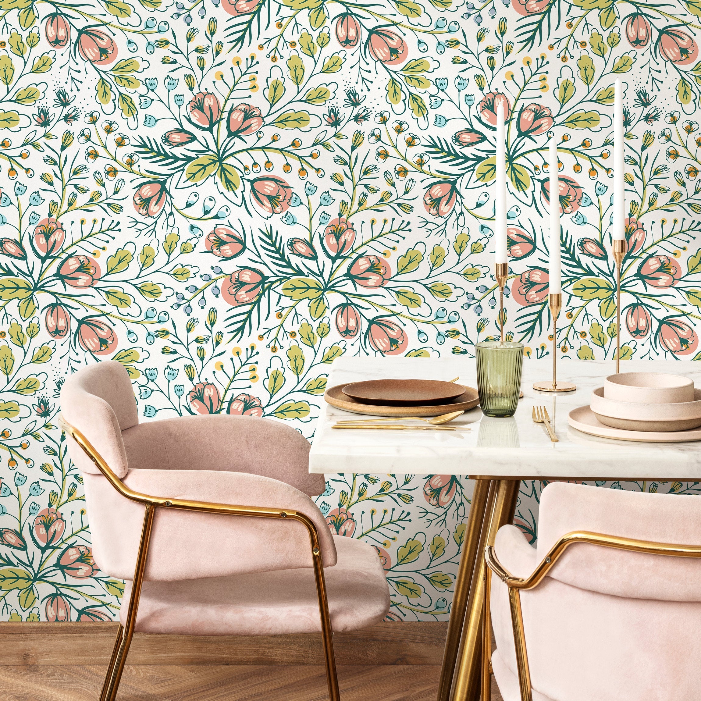 Botanical Wallpaper With Hand-drawn Blooms In Pink, Green, And Blue - B785