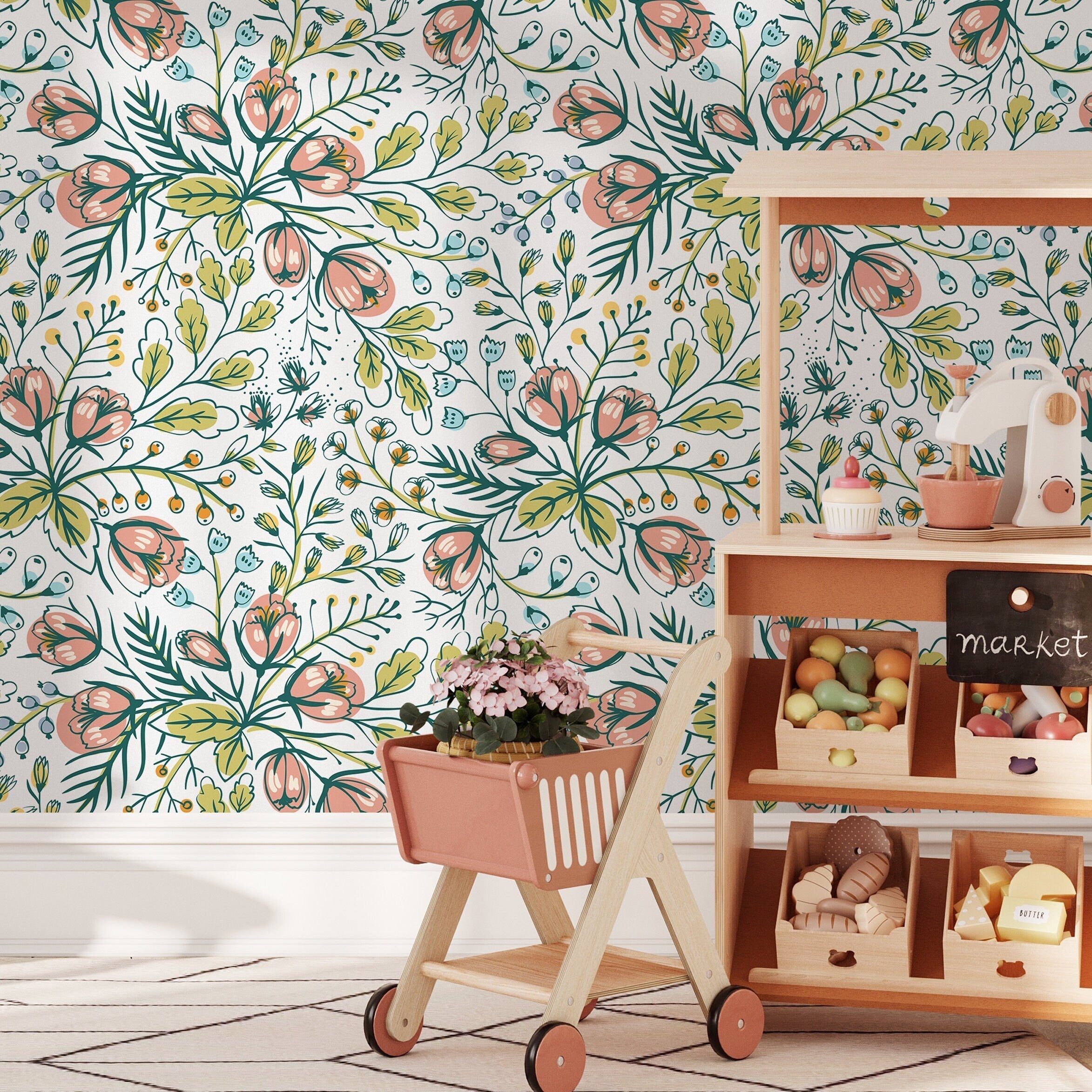 Botanical Wallpaper With Hand-drawn Blooms In Pink, Green, And Blue - B785