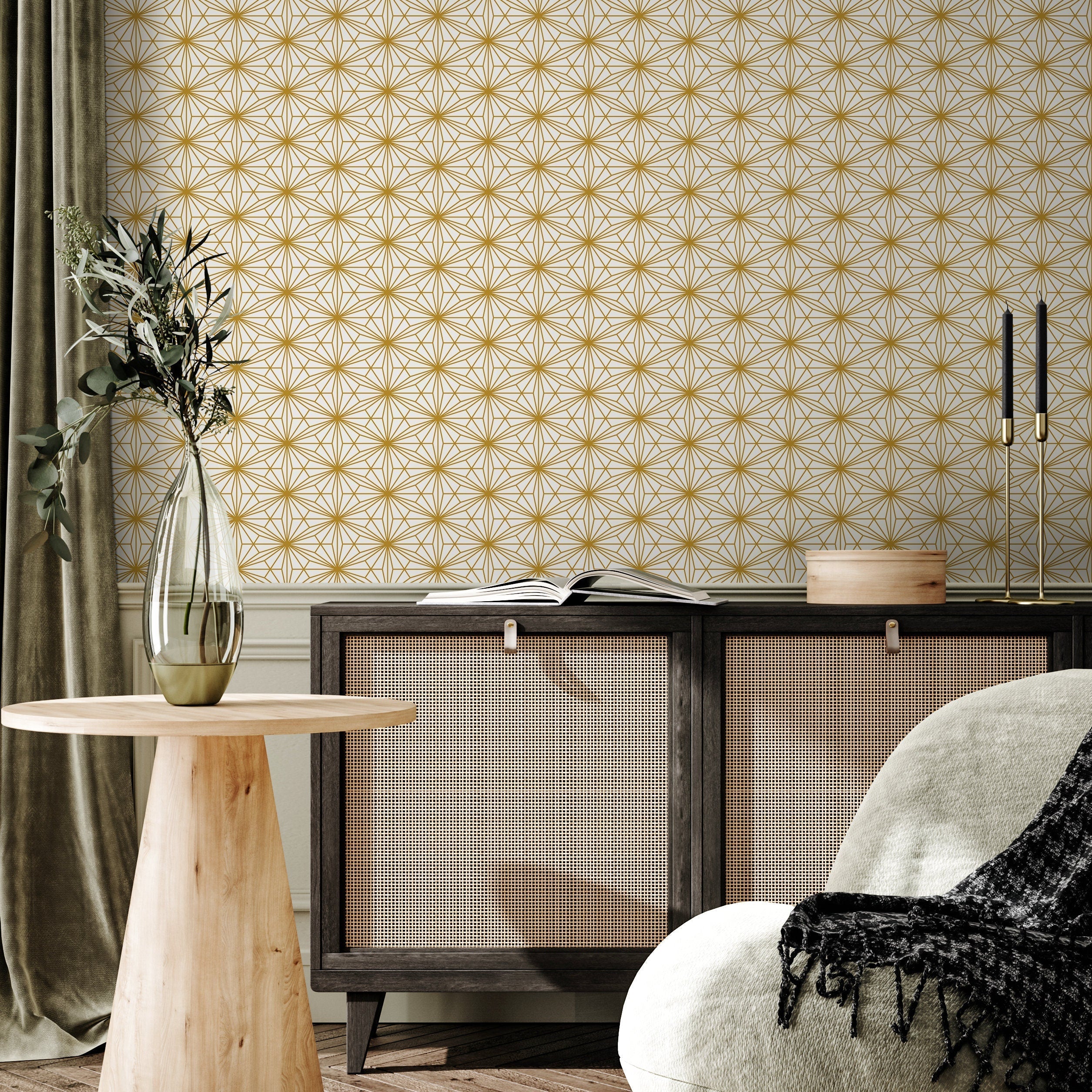 Geometric Wallpaper With A Starburst Motif In Gold And Gray - B792