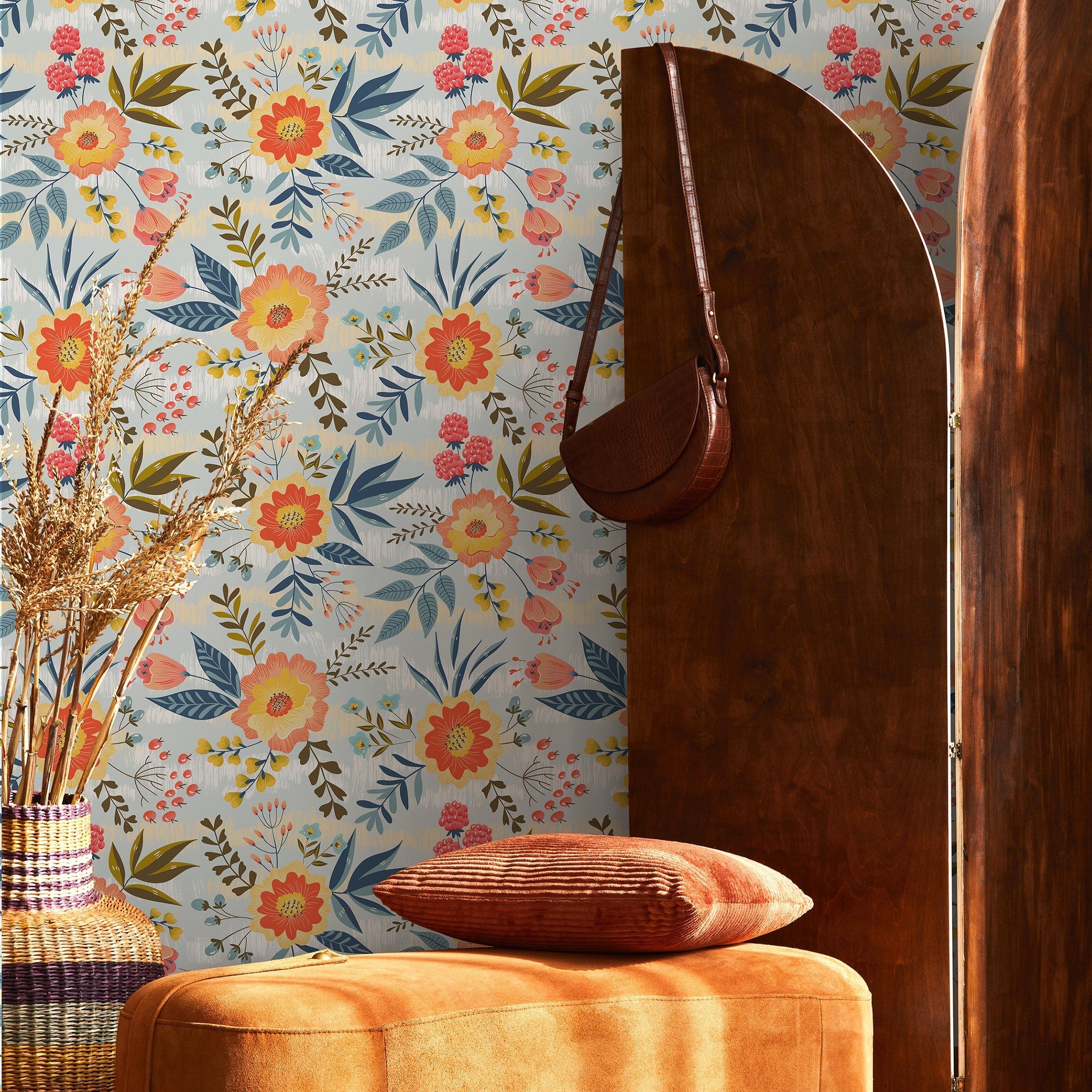 Floral Wallpaper Featuring Stylized Blooms And Berries In Blue, Orange, And Yellow - B799