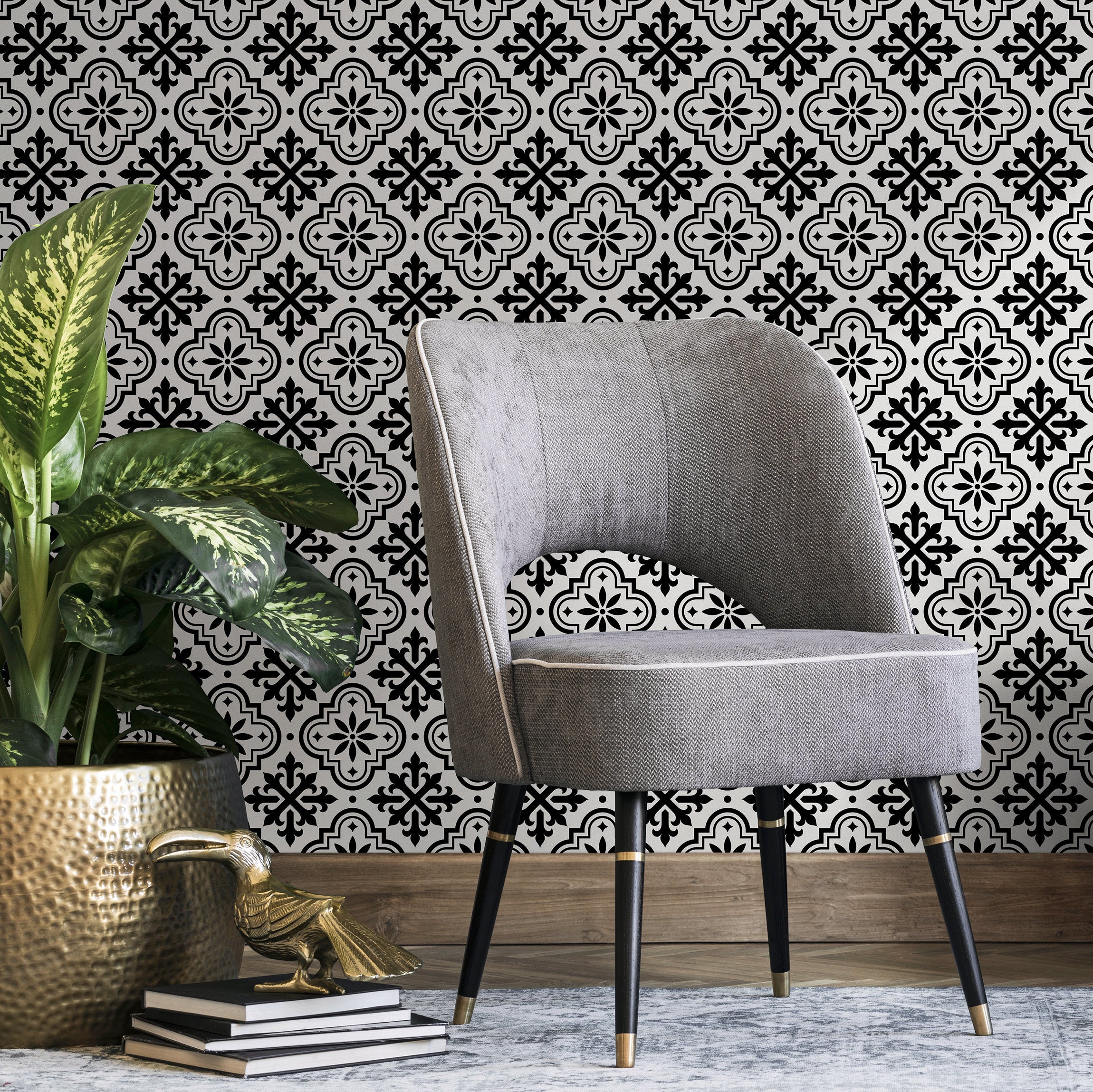 Tile Wallpaper With A Spanish Geometric Motif In Black And White - B805
