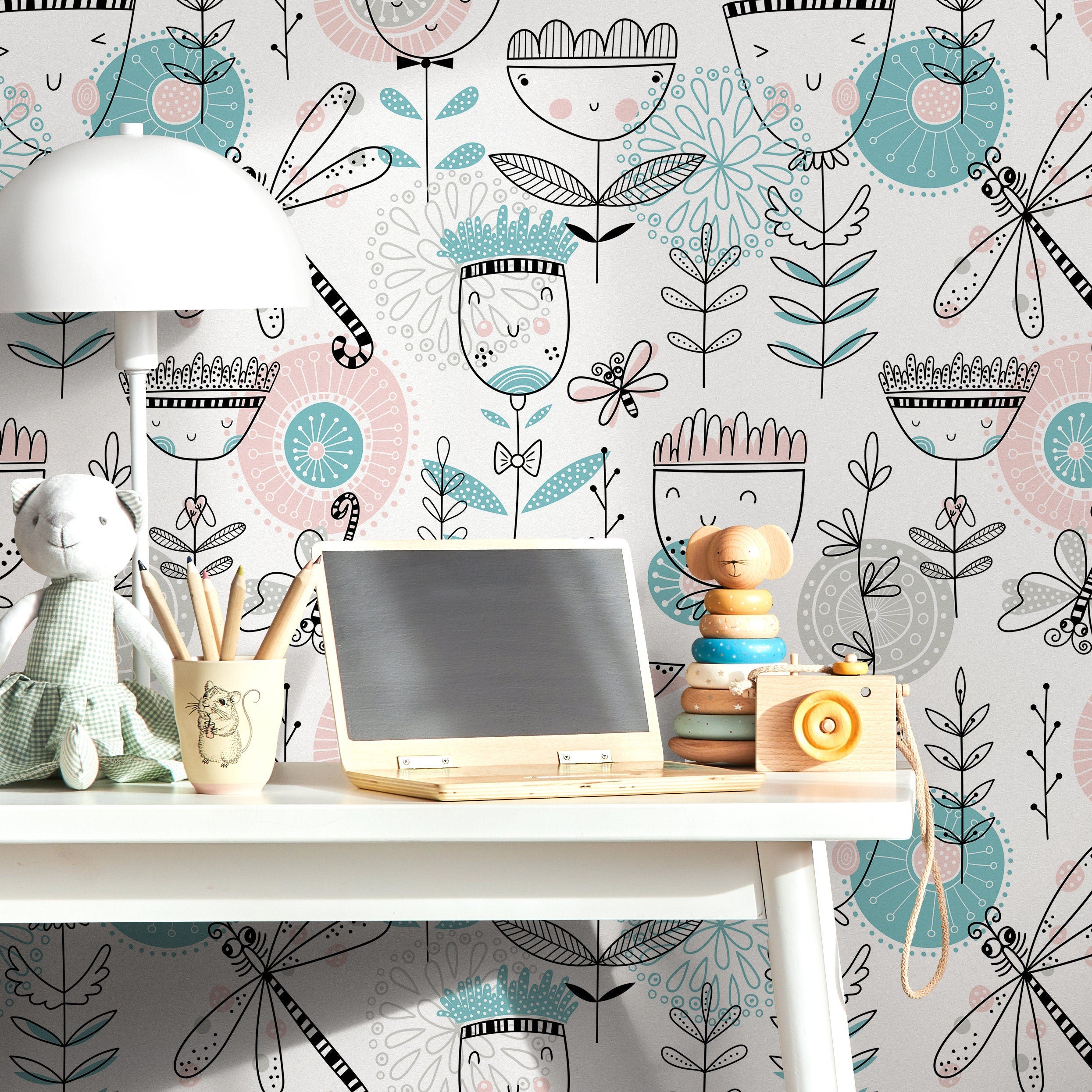 Kids Wallpaper With Whimsical Flowers And Dragonflies In Pink, Teal, And Black - B815