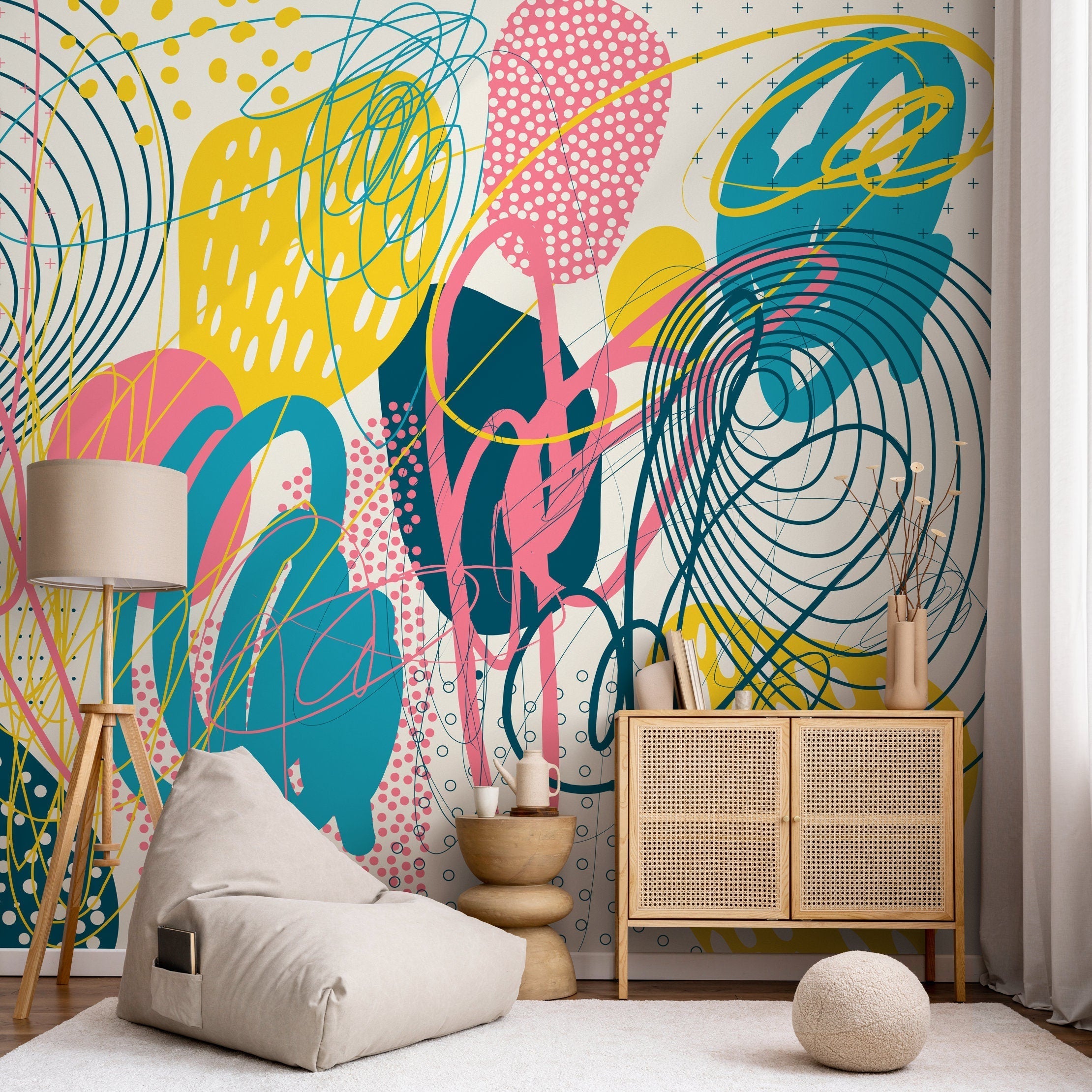Abstract Wallpaper With Memphis Style Doodles In Teal, Yellow, And Pink - D994