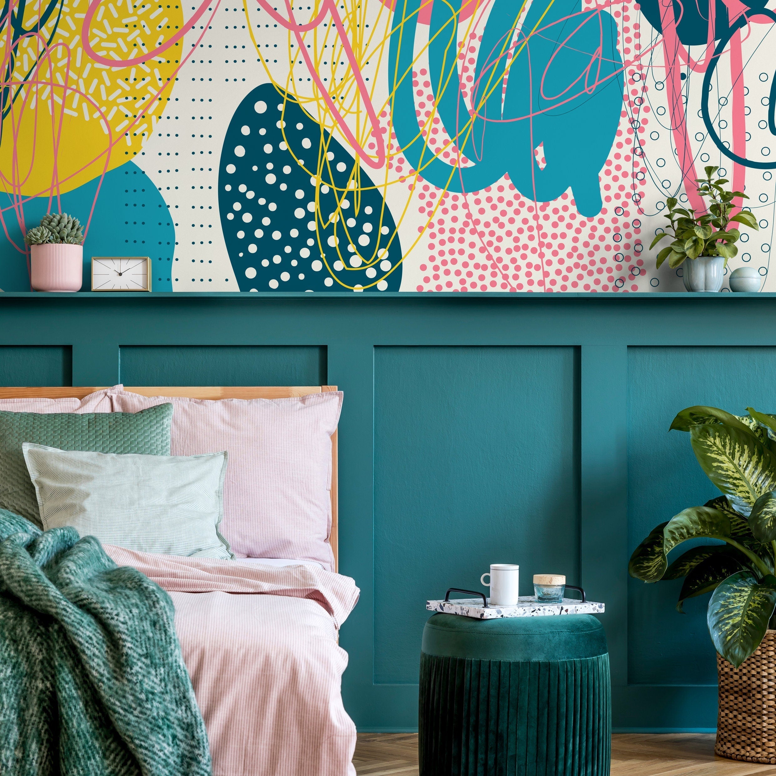 Abstract Wallpaper With Memphis Style Doodles In Teal, Yellow, And Pink - D994