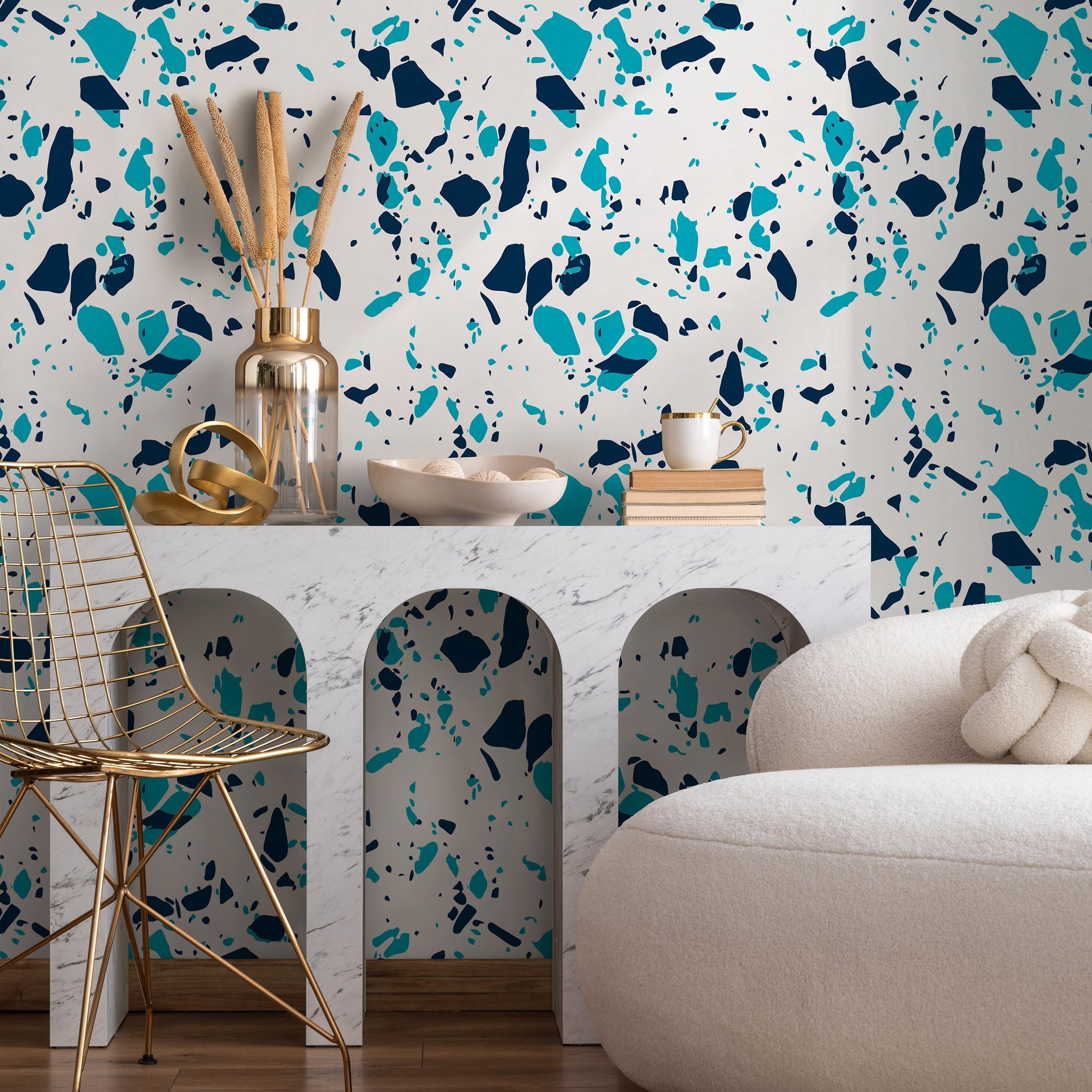 Terrazzo Wallpaper With Abstract Stone Chips In Navy And Turquoise - B831