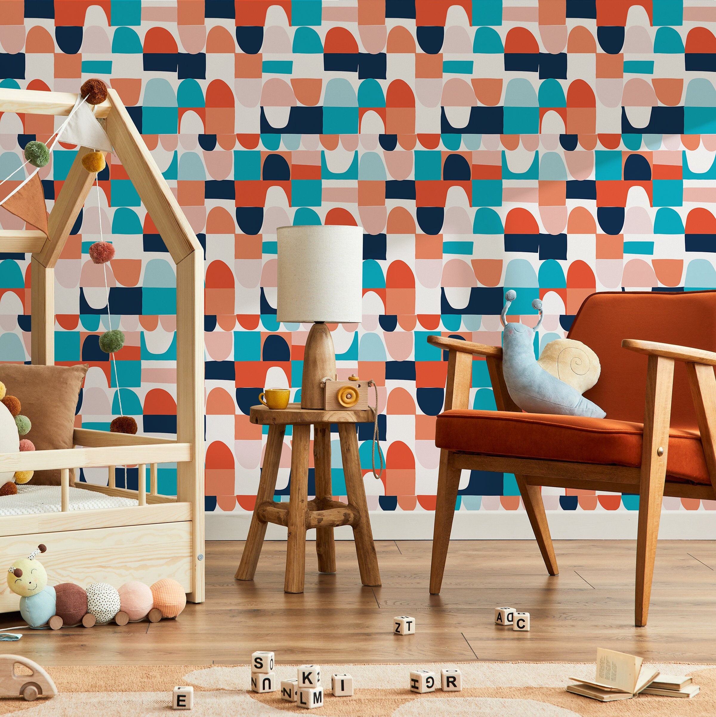 Abstract Wallpaper With A Block Print Motif In Teal, Orange, And Navy Blue - B833