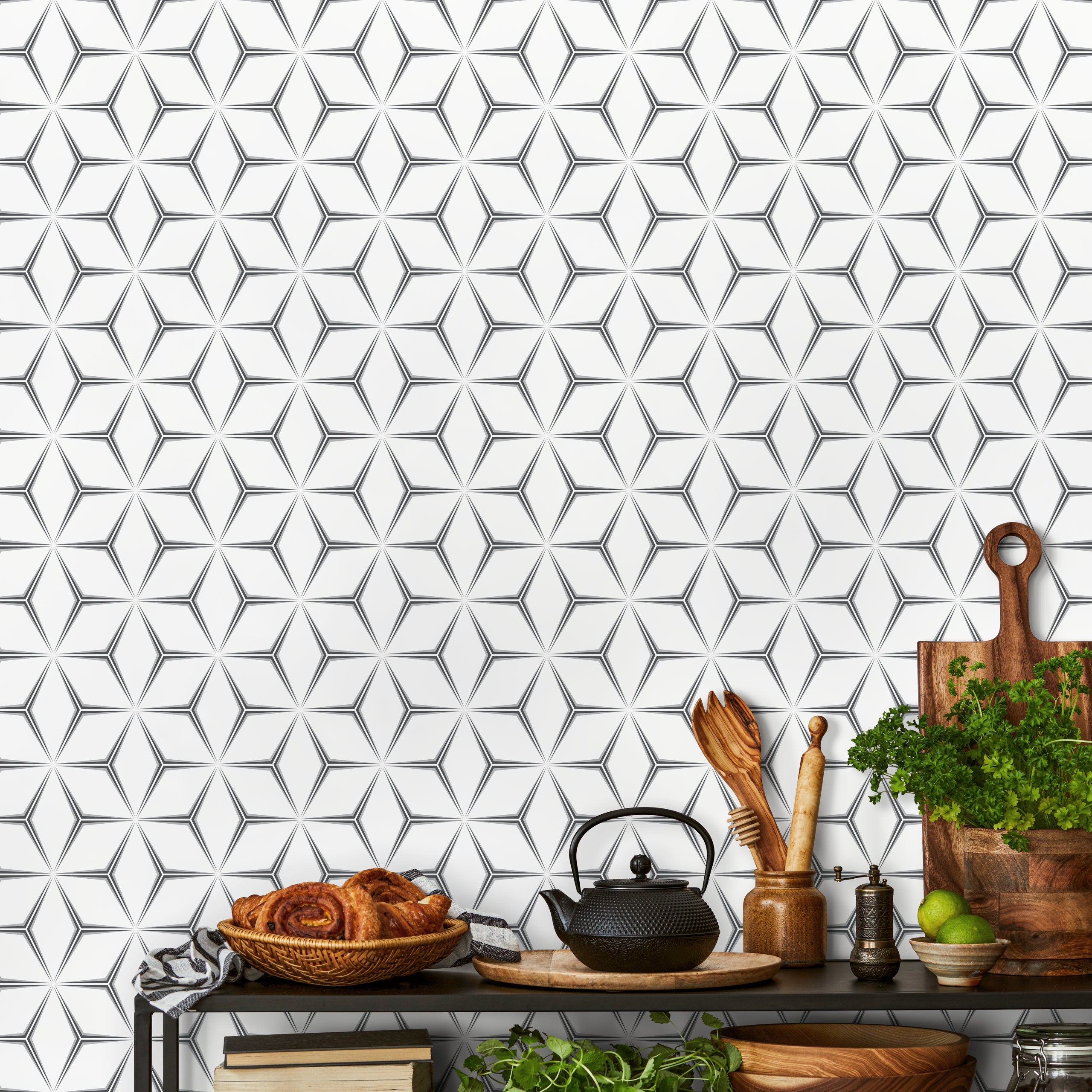 Geometric Wallpaper With An Optical Starburst Motif In Black, White, And Gray - B837