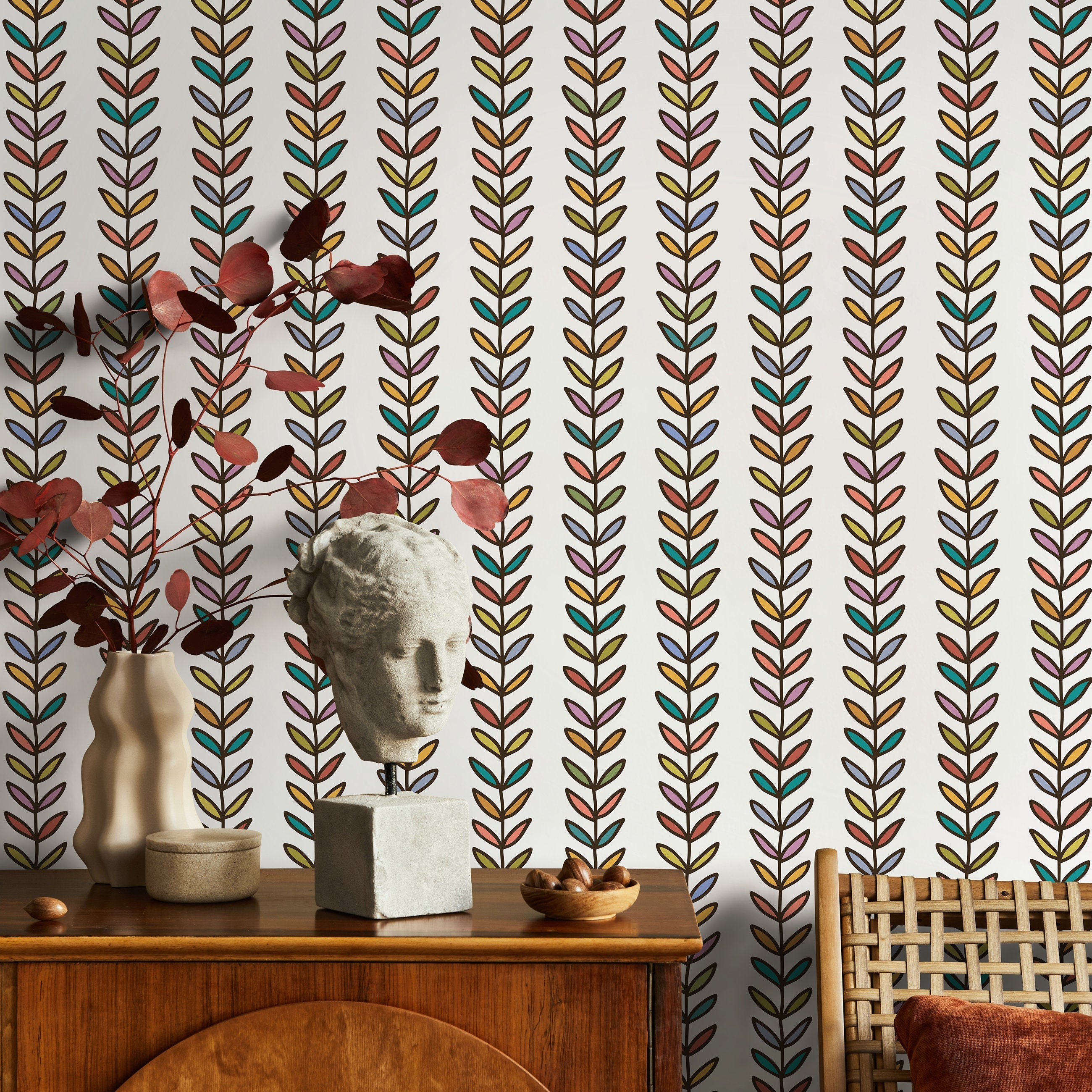 Botanical Wallpaper With A Stylized Vine Motif In Red, Yellow, And Teal - B844