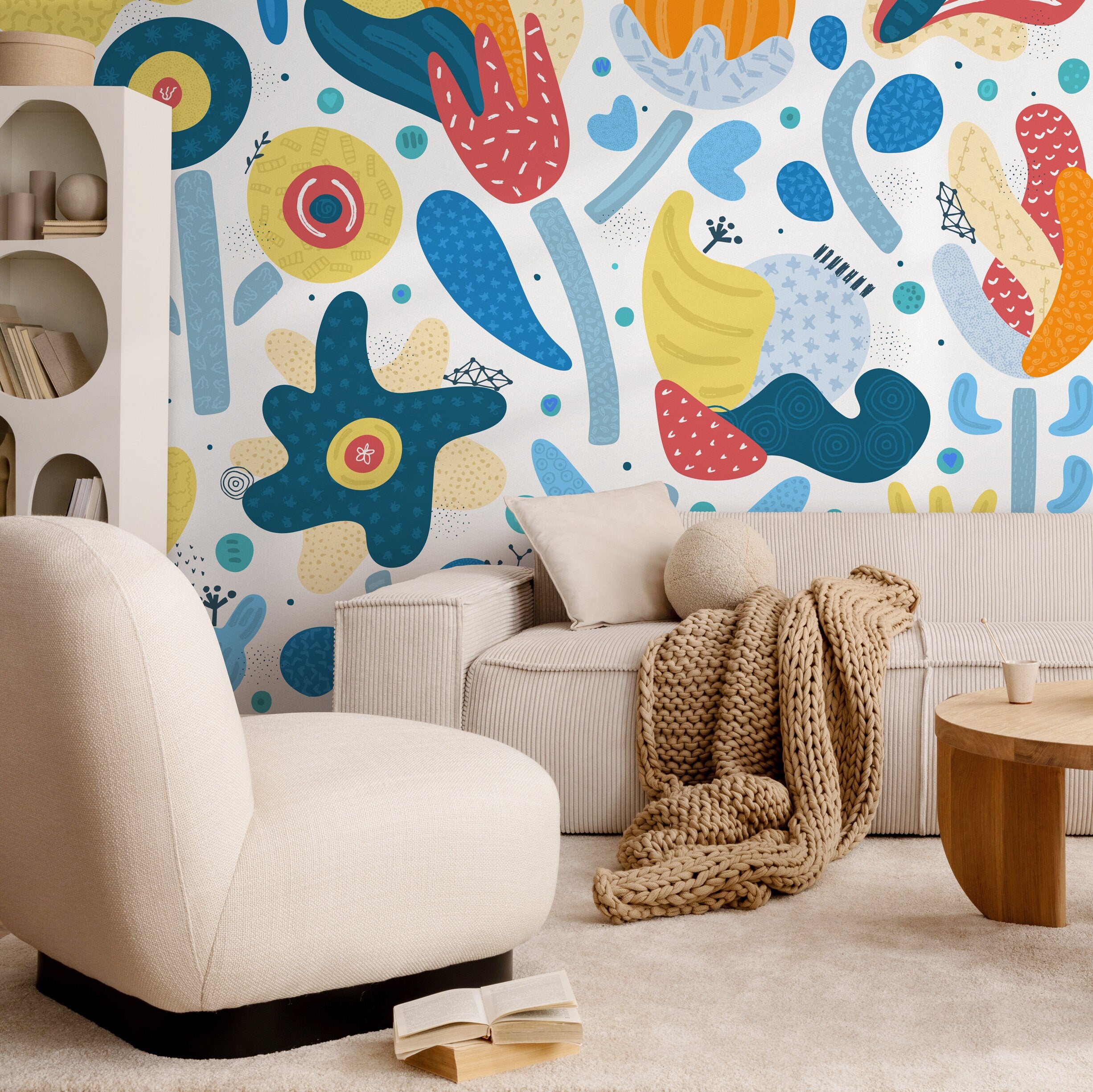 Abstract Wallpaper With Playful Organic Shapes In Blue, Yellow, And Red - B857
