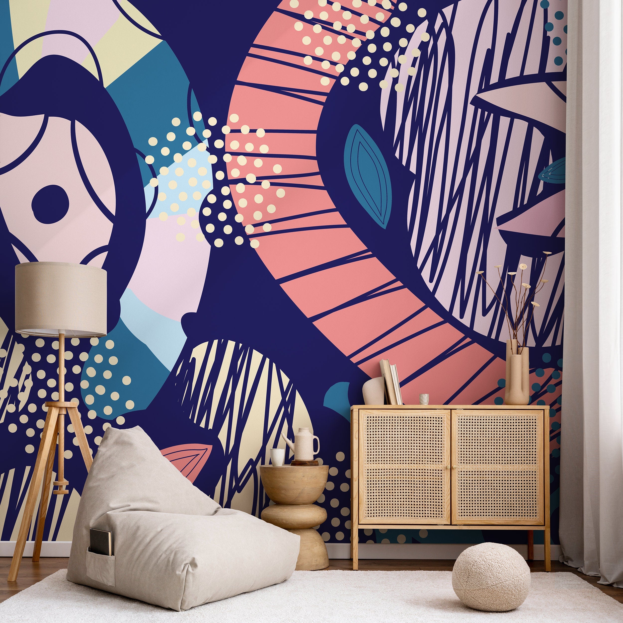 Abstract Wallpaper With Bold Geometric Shapes In Blue, Pink, And Beige - B862