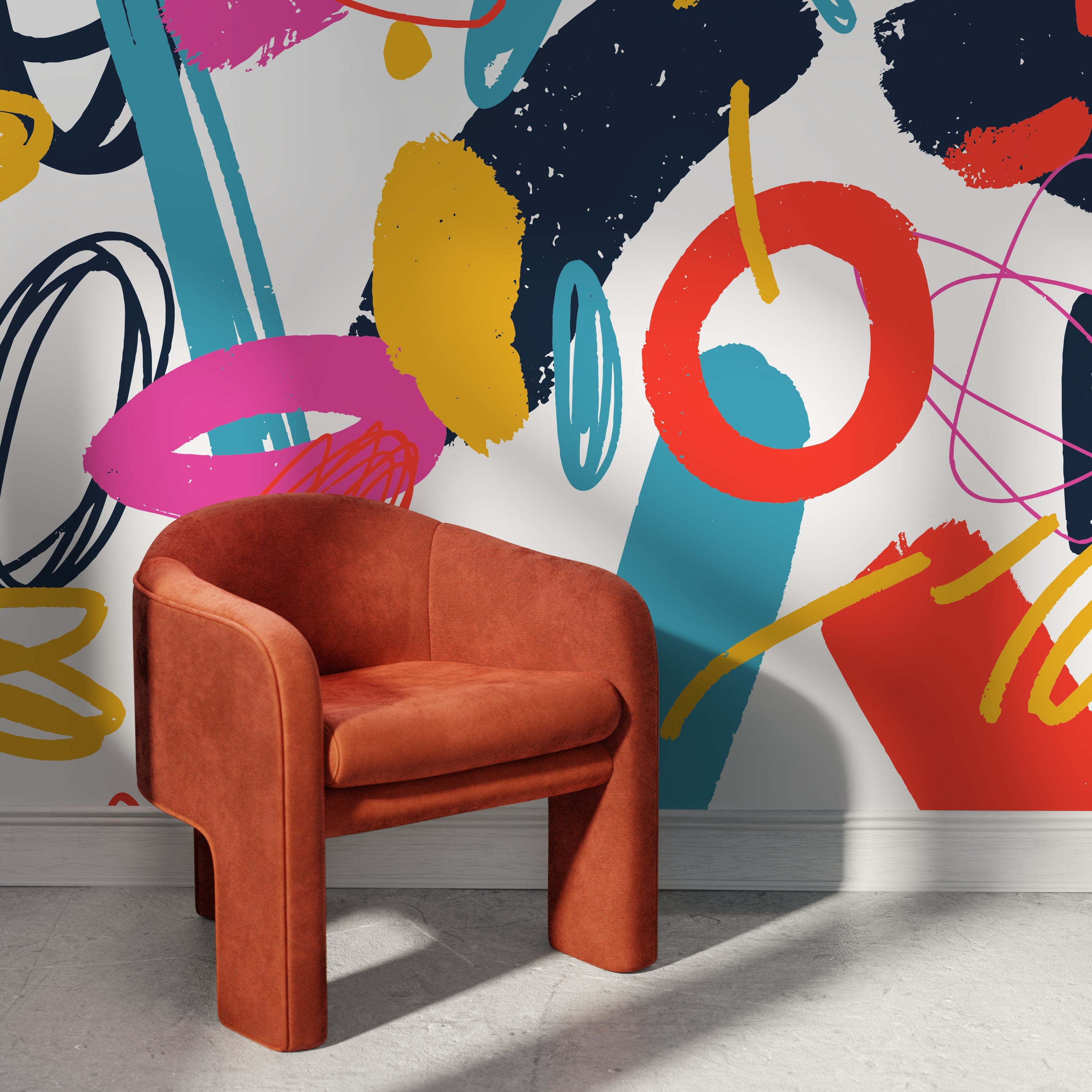 Abstract Wallpaper With Energetic Brushstrokes In Pink, Blue, And Yellow - B869