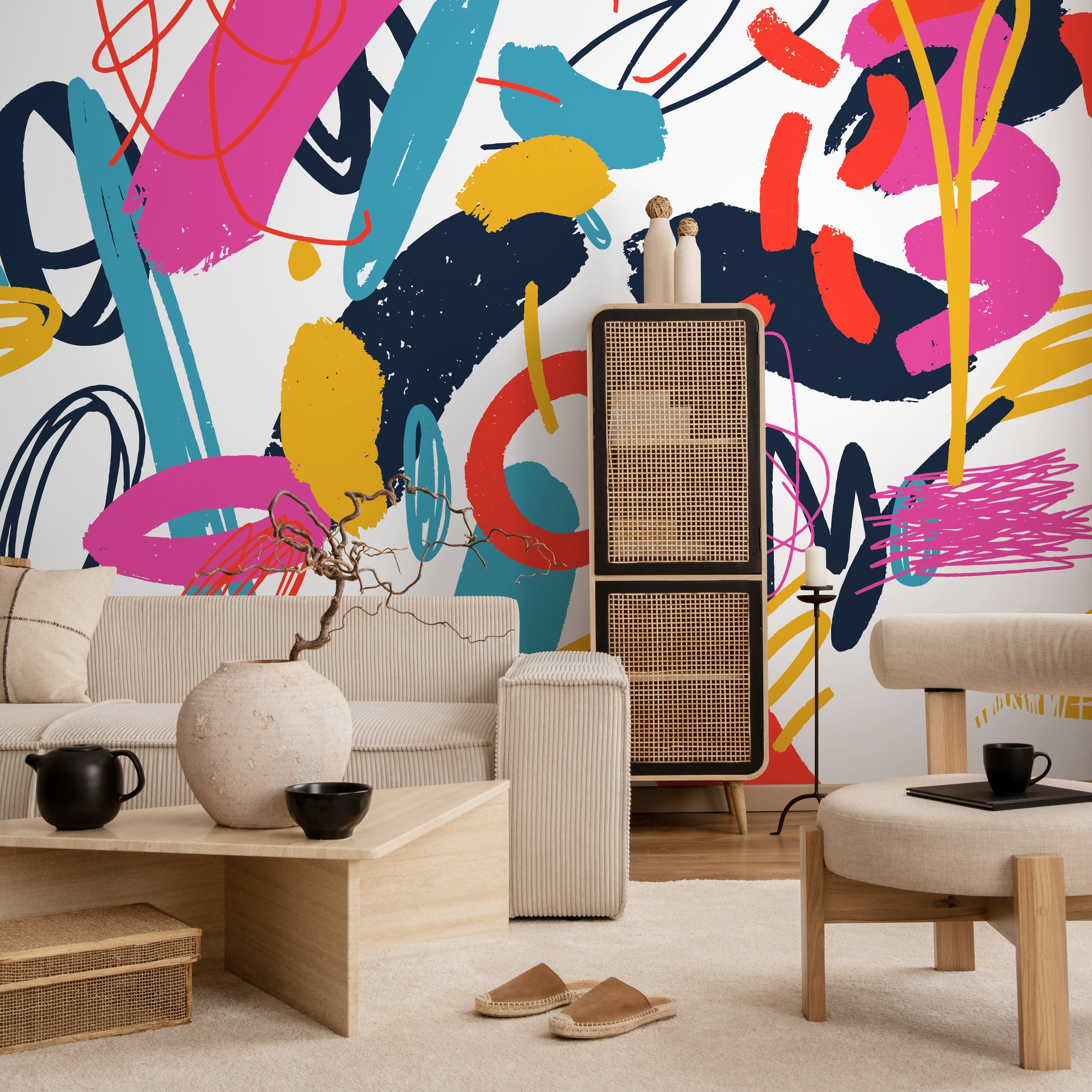 Abstract Wallpaper With Energetic Brushstrokes In Pink, Blue, And Yellow - B869