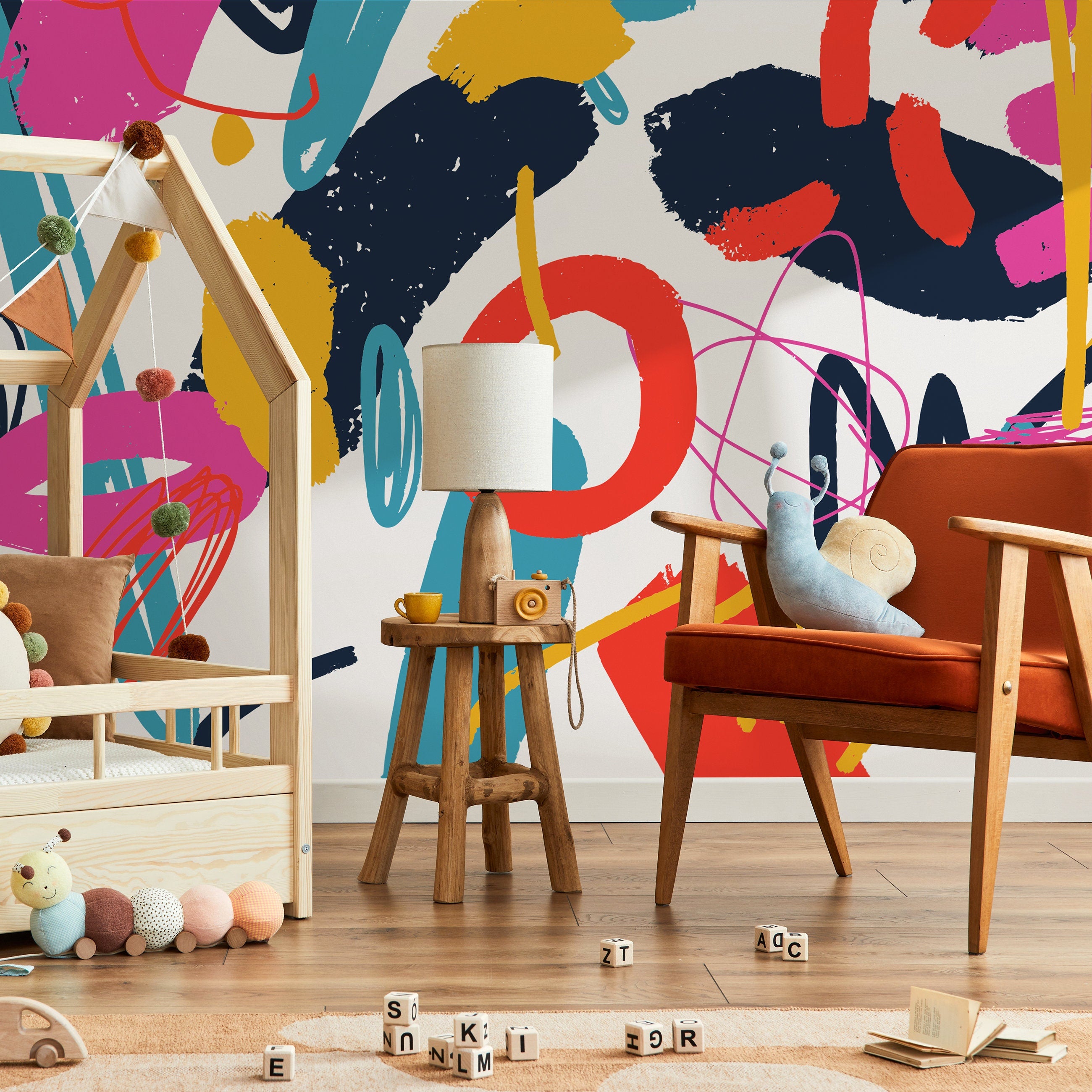 Abstract Wallpaper With Energetic Brushstrokes In Pink, Blue, And Yellow - B869