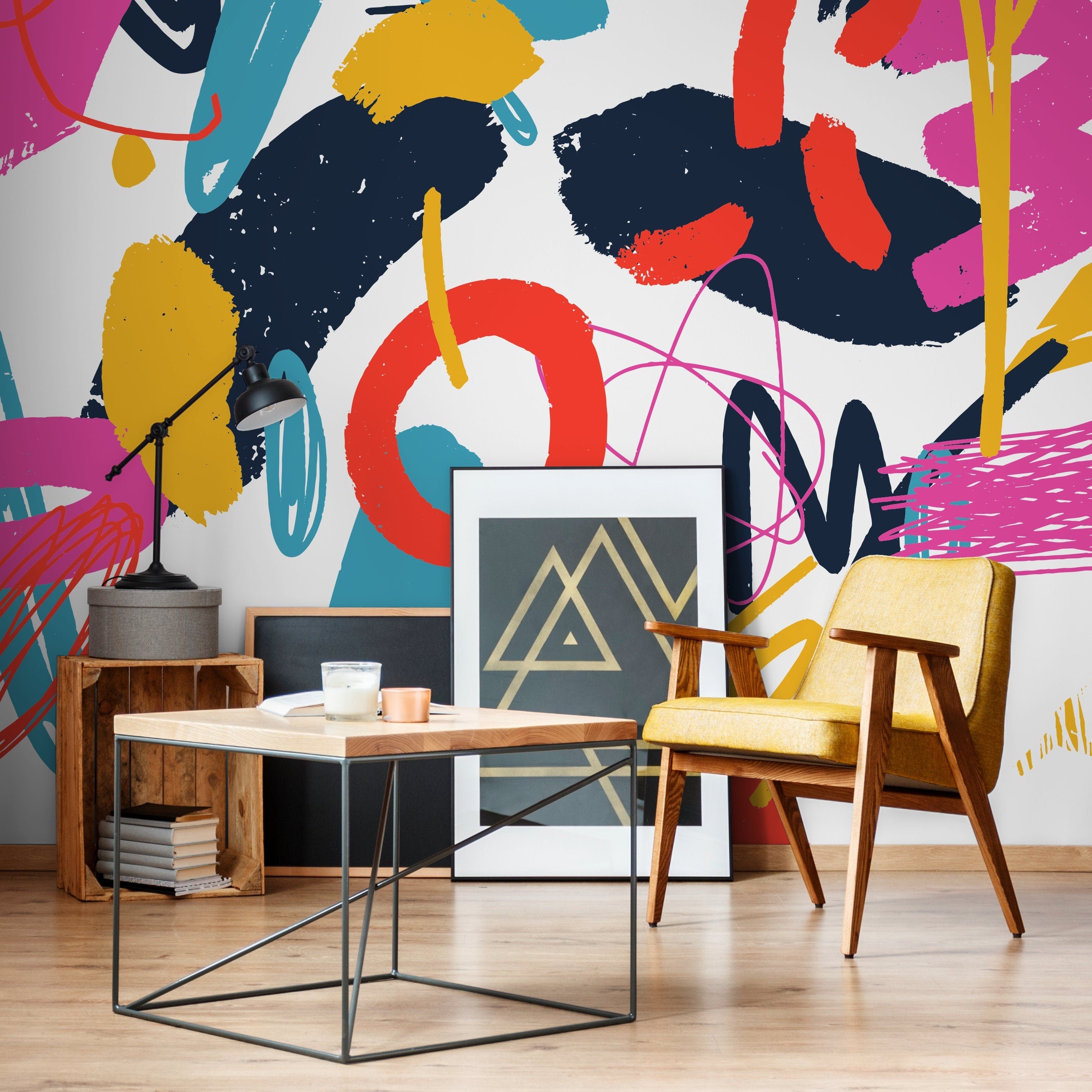 Abstract Wallpaper With Energetic Brushstrokes In Pink, Blue, And Yellow - B869