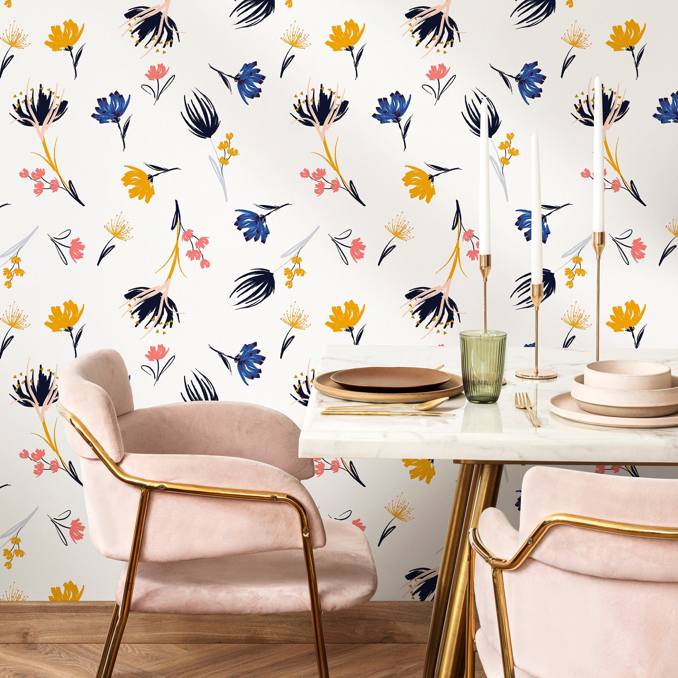 Floral Wallpaper With Abstract Wildflowers In Blue, Yellow, And Pink - B876