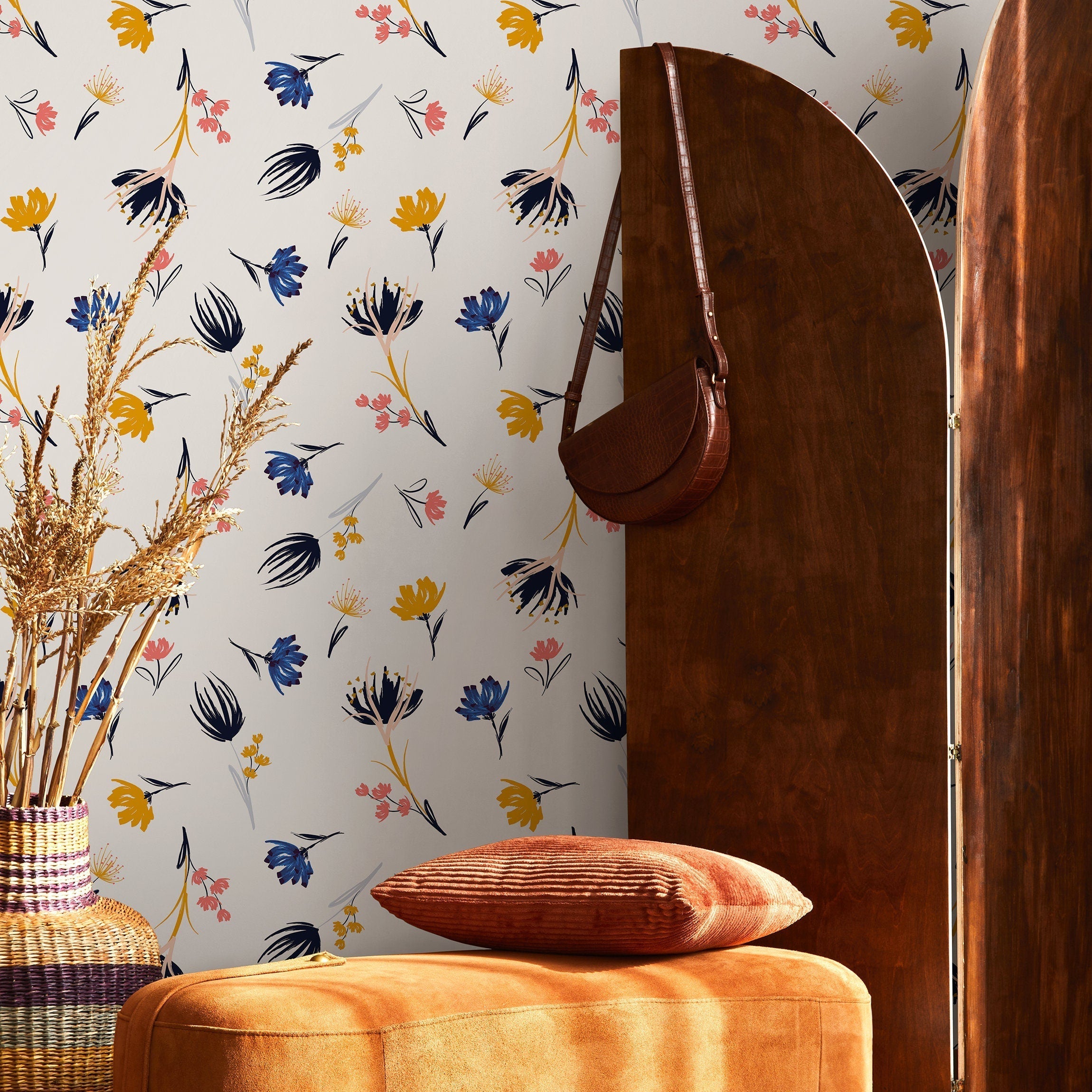 Floral Wallpaper With Abstract Wildflowers In Blue, Yellow, And Pink - B876