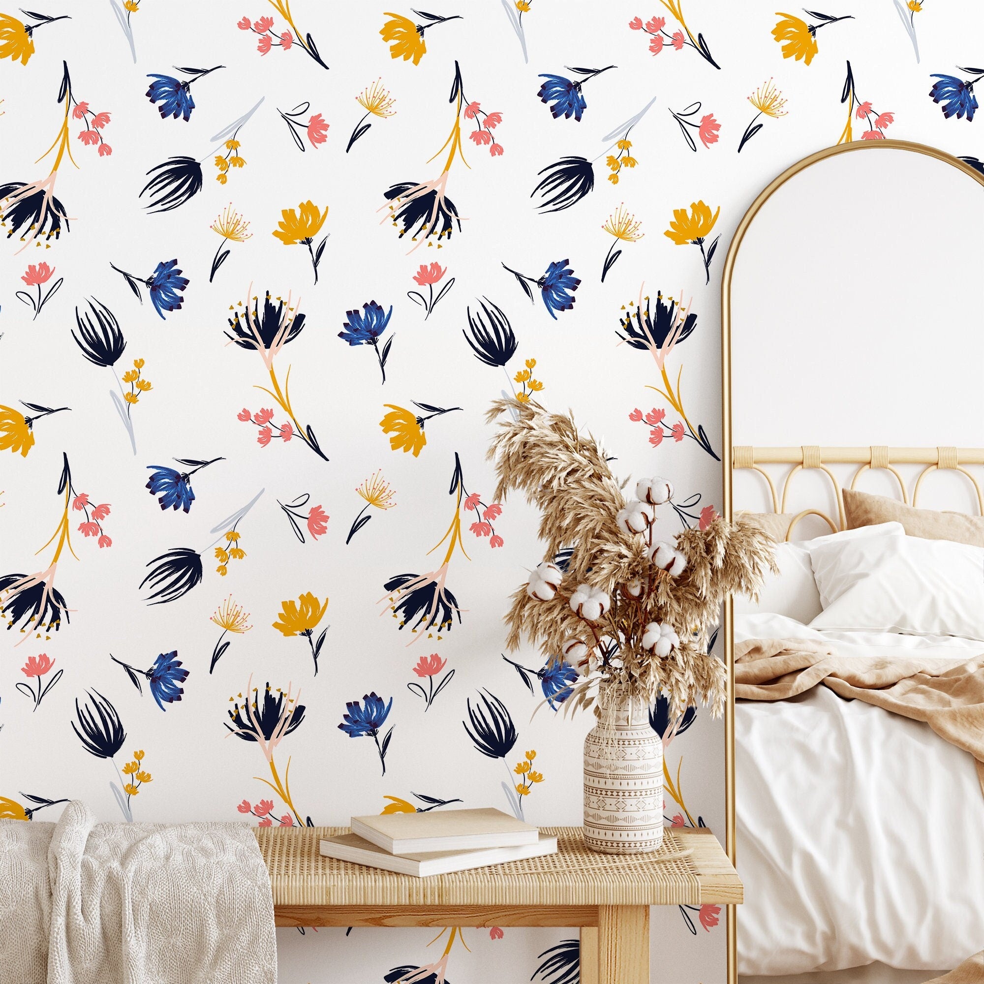 Floral Wallpaper With Abstract Wildflowers In Blue, Yellow, And Pink - B876