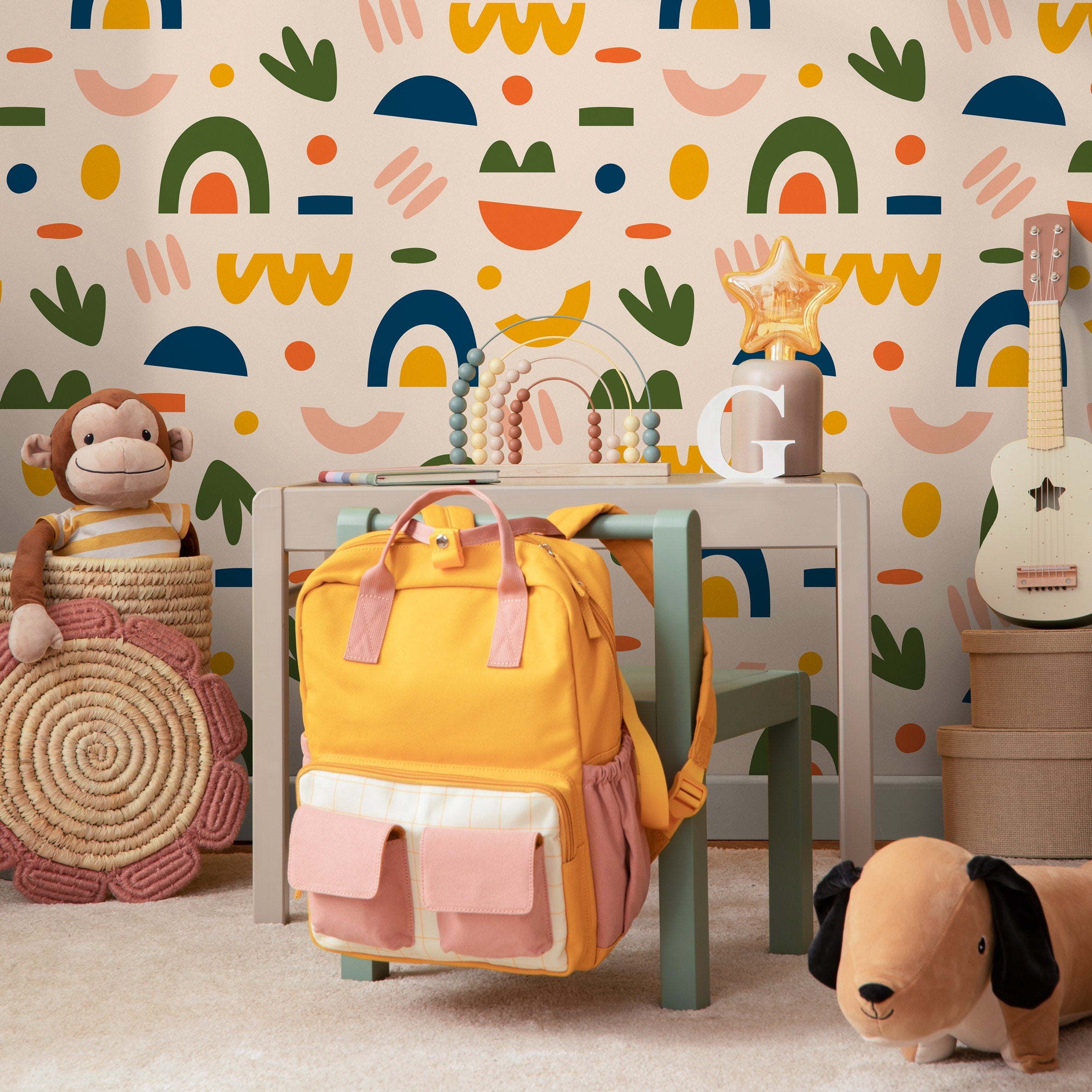 Abstract Wallpaper With Geometric Shapes In Orange, Blue, And Green - B878