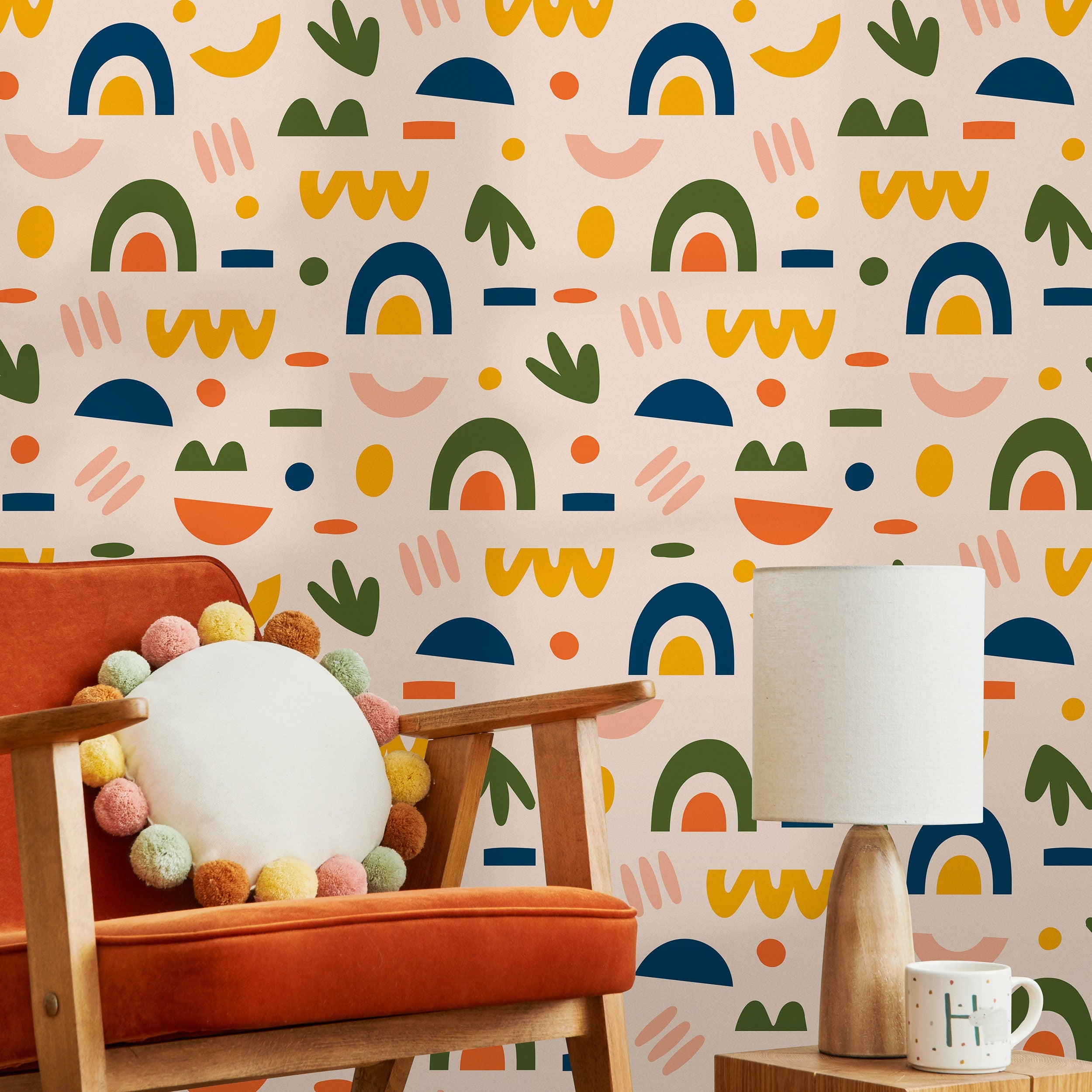 Abstract Wallpaper With Geometric Shapes In Orange, Blue, And Green - B878