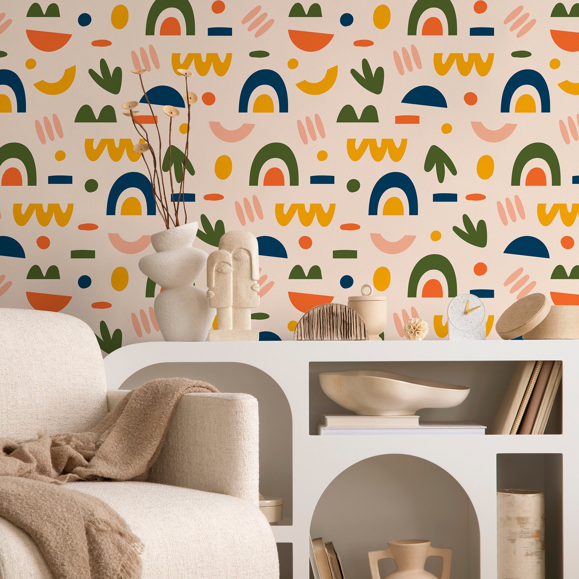 Abstract Wallpaper With Geometric Shapes In Orange, Blue, And Green - B878