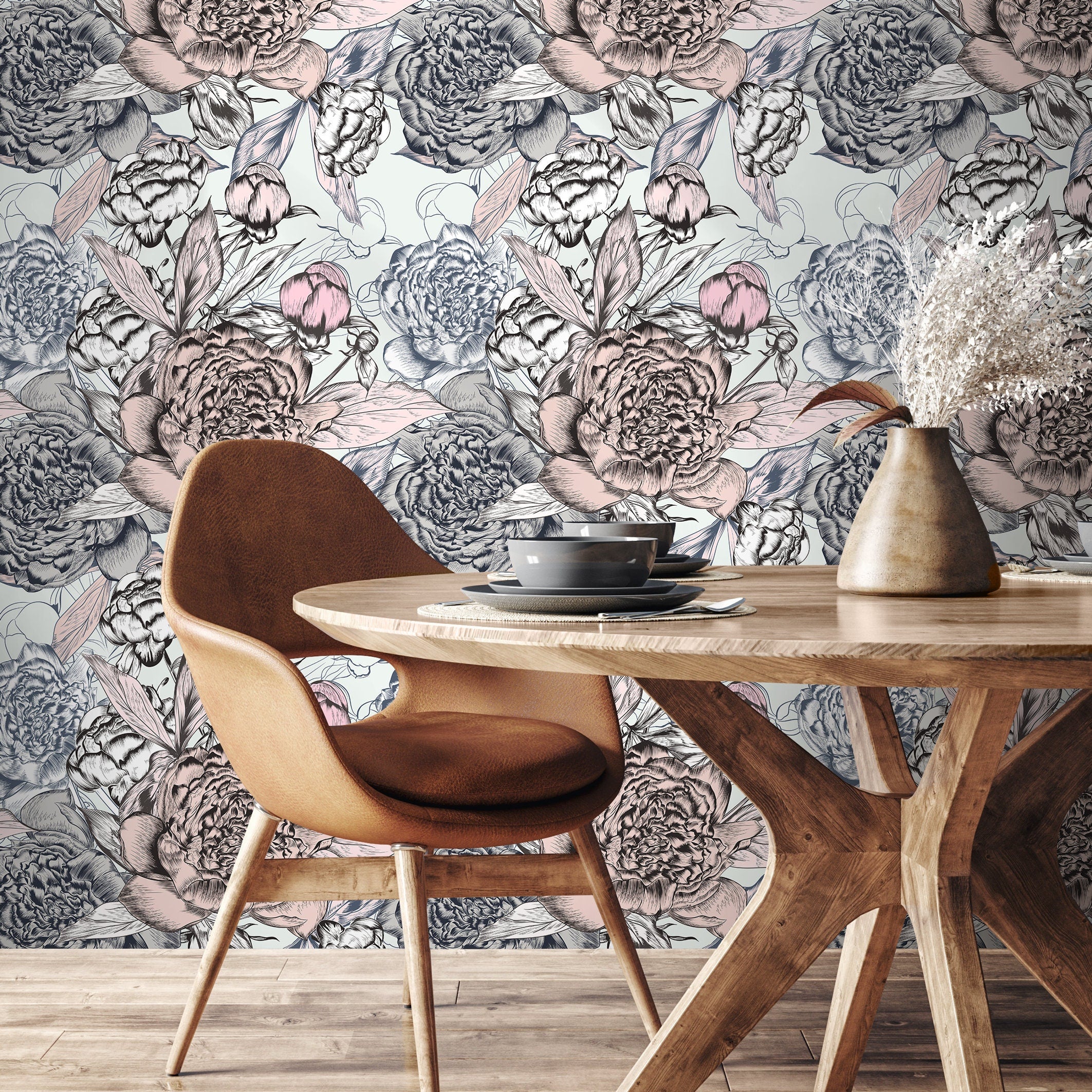 Floral Wallpaper With An Engraved Peony Design In Pink, Blue, And Black - B879